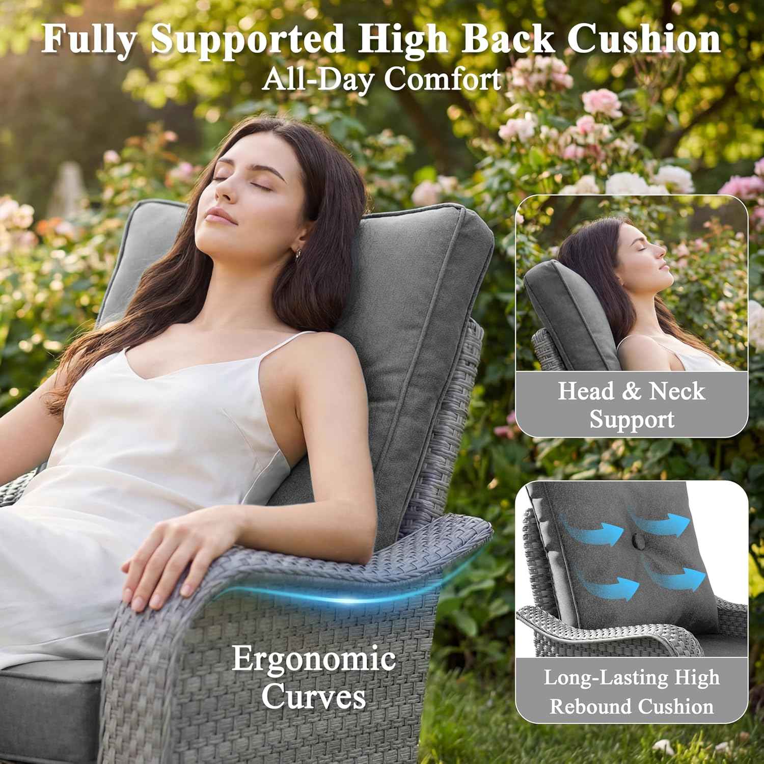 3 Piece Wicker Patio Furniture Set, Swivel Rocking Chairs with 4''Cushions, PE Rattan, Rust Resistant Frame, Double Layer Glass Side Table, for Backyard, Deck or Balcony, Black