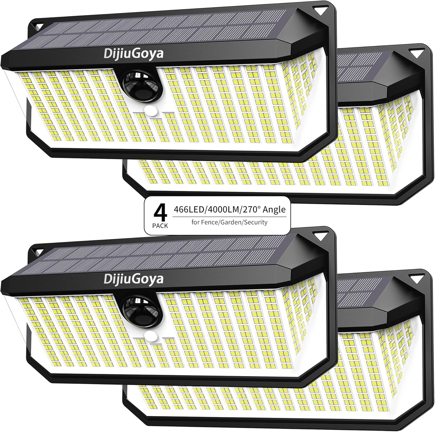 Solar Security Lights, 466 LED 4000 Lm - 270° Motion Sensor, IP68 Waterproof, 3 Lighting Modes, Dusk-to-Dawn Outdoor Flood Light for Fence Garden Backyard Garage - Pack of 4