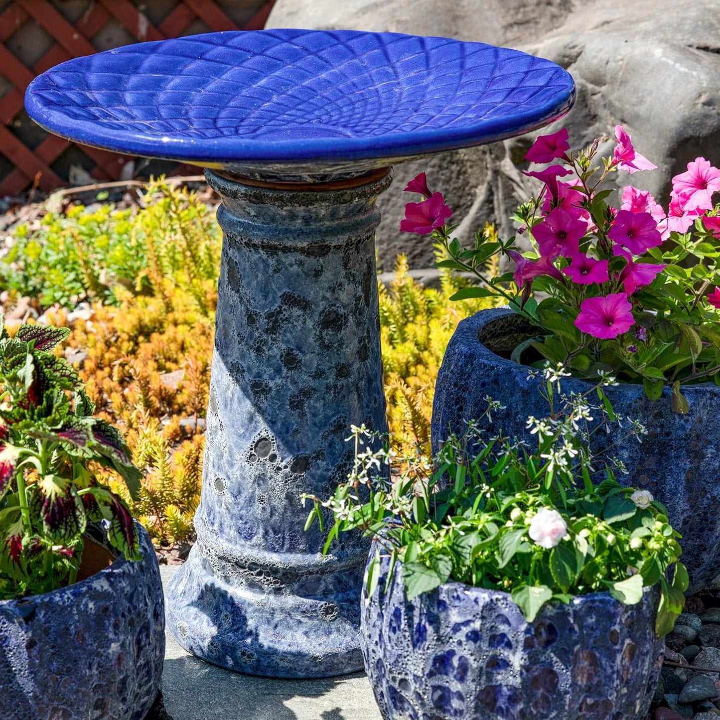 Sunnydaze Rennes Outdoor Ceramic Bird Bath - 22.5" H - UV- and Frost-Resistant - Glazed Bowl with Blue Lava Finish