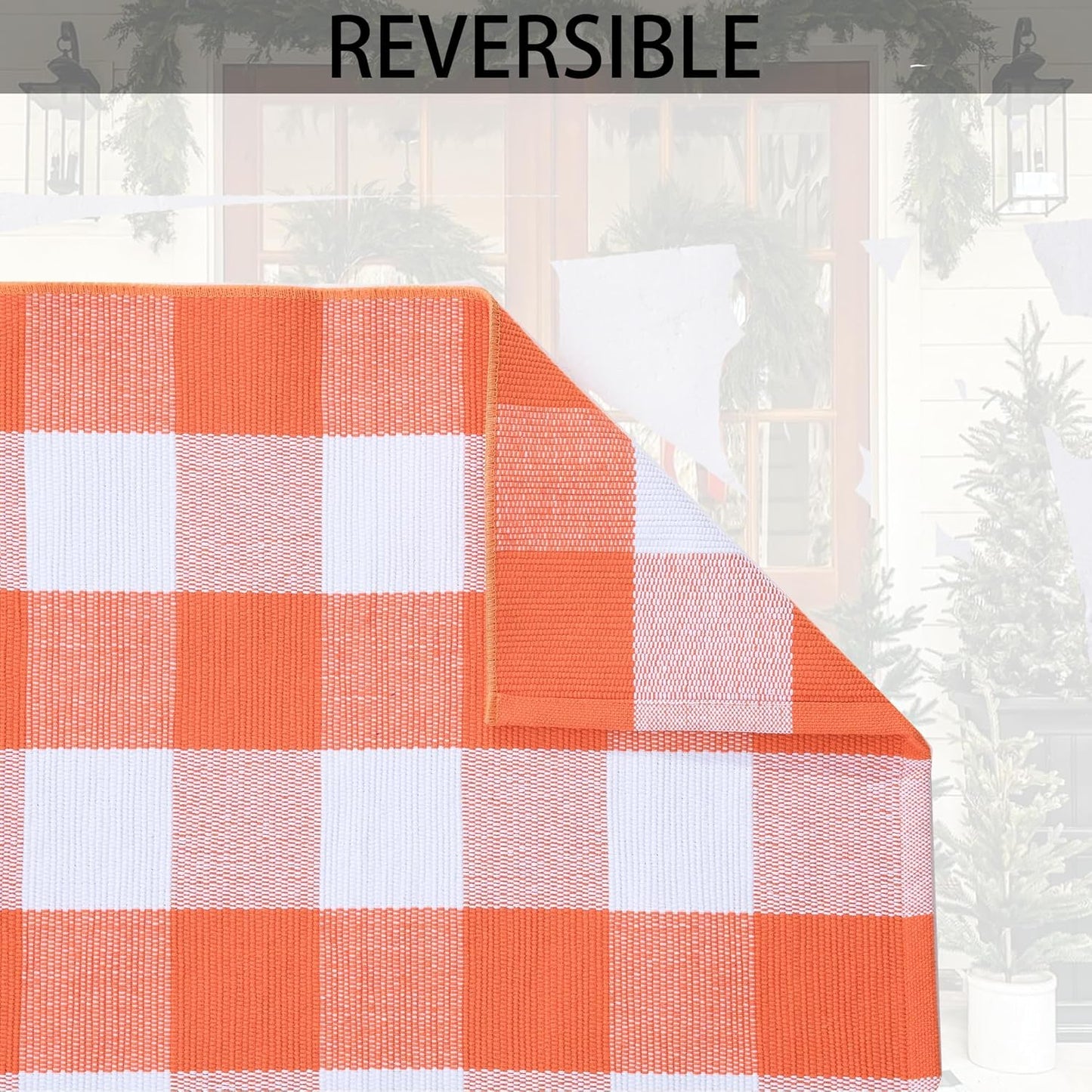 Orange and White Plaid Rug, 4' x 6' Fall Outdoor Front Door Decor Mat, Cotton Washable Hand-Woven Rug for Layered Doormat, Autumn Halloween Thanksgiving Carpet for Porch, Entryway
