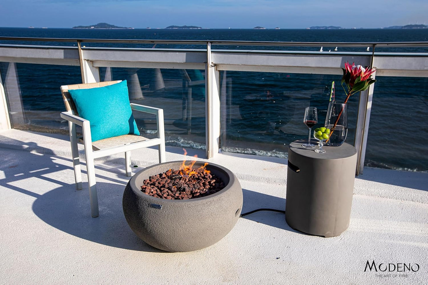 AMS Fireplace | Modeno Newbridge Package | Light Gray Liquid Propane Gas Fire Pit Table for Outside Patio Bundle with Tank Cover, & SS Burner Lid | Free Ice Bucket & Rubber Mat