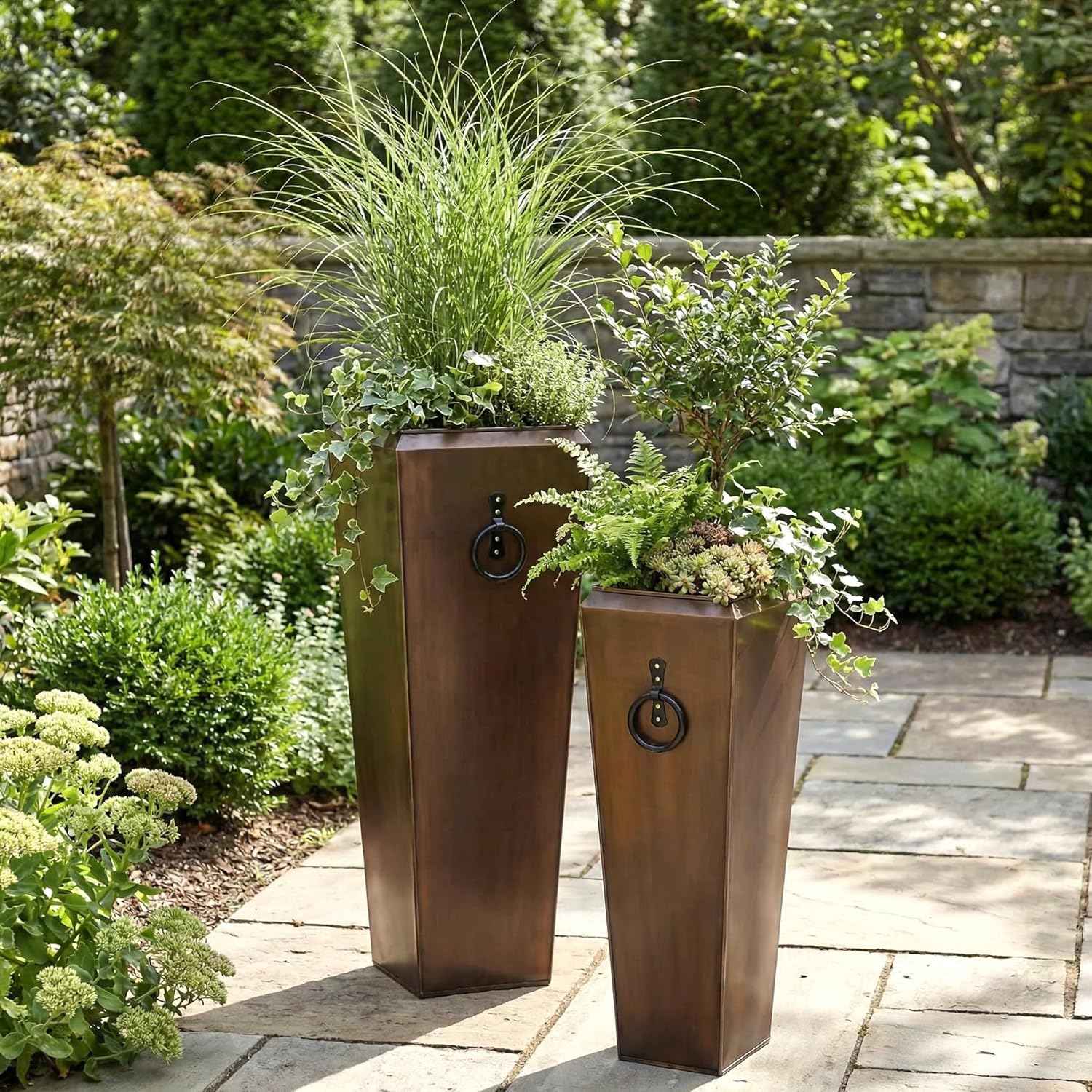 H Potter Tall Copper Planters Set of 2 – Antique Copper Hammered Stainless Steel Indoor Outdoor Planter with Insert & Drainage – Large Decorative Floor Planters for Entryway Porch Patio