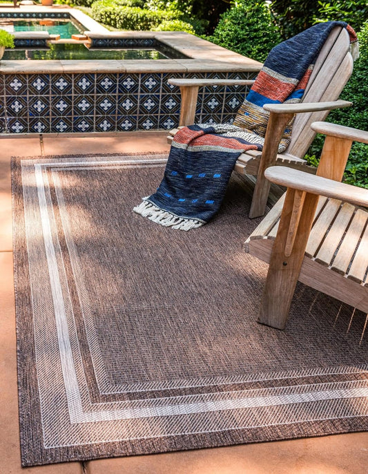 Unique Loom Outdoor Border Collection Area Rug - Soft Border (9' x 12' Rectangle, Brown/ Ivory)