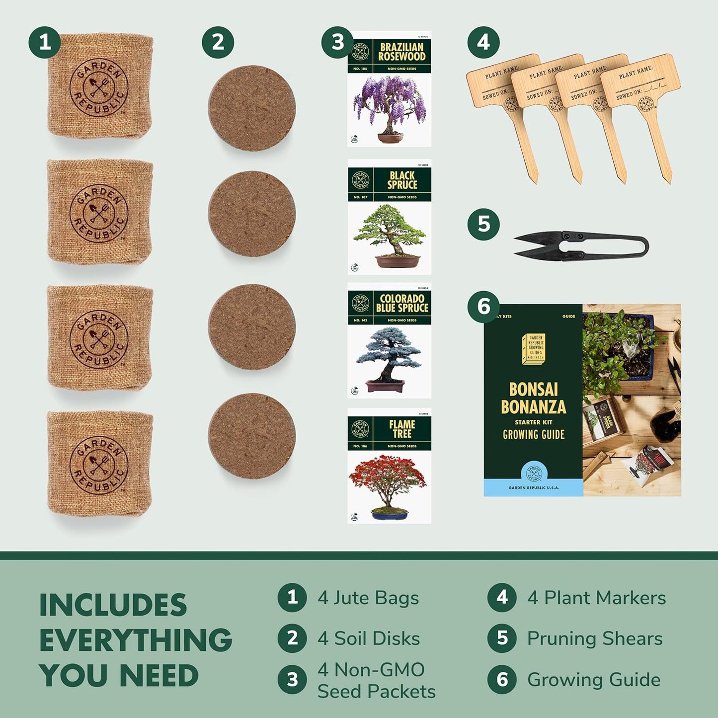 Garden Republic Bonsai Tree Kit - Mini Bonsai Seeds, 4 Types - Seed Starter Plant Growing Kit - Potting Soil Jute Bags Pruning Shears Tool and Plant Markers