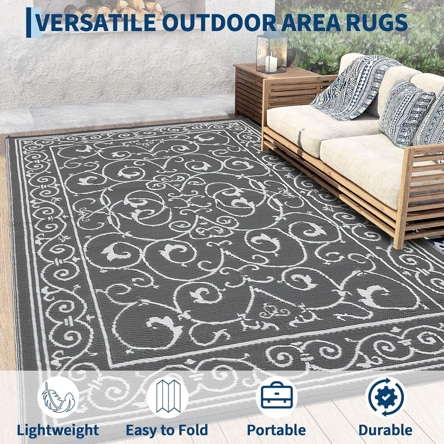 9x12 Outdoor Rug Waterproof Foldable Plastic Straw Carpet for Patio Porch Vintage Reversible Mat Lightweight Floor Mat for Picnic, Backyard, Rv, Beach, Deck, Camper, Balcony，Grey