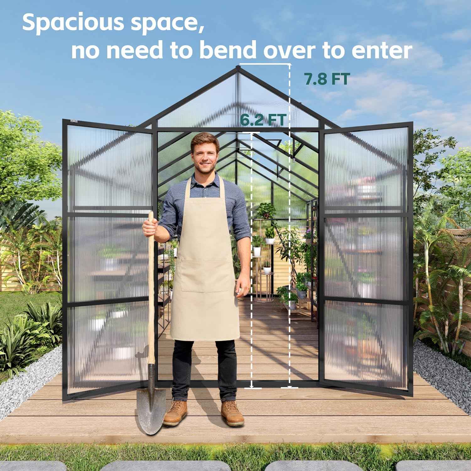 Greenhouse for Outdoors 8x14x7.8 FT, Polycarbonate Greenhouse with Stronger Wind Protection and Roof Vent, Walk-in Large Aluminum Sunroom Winter Proof, Black