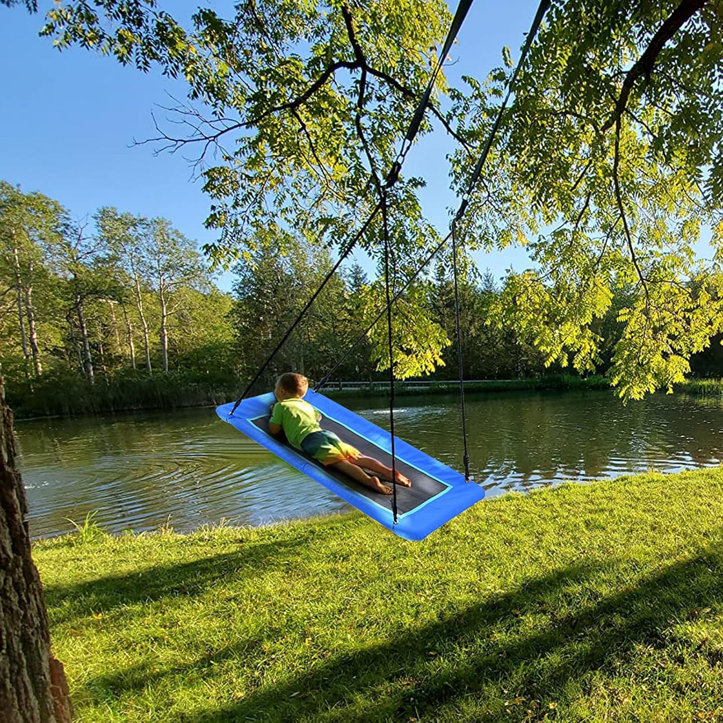 Trekassy 60" Extra Large Rectangle Tree Swing - Heavy Duty 700lb Capacity, Waterproof Platform for Kids & Adults with Complete Installation Kit & 2 Tree Straps - Blue (Patented)