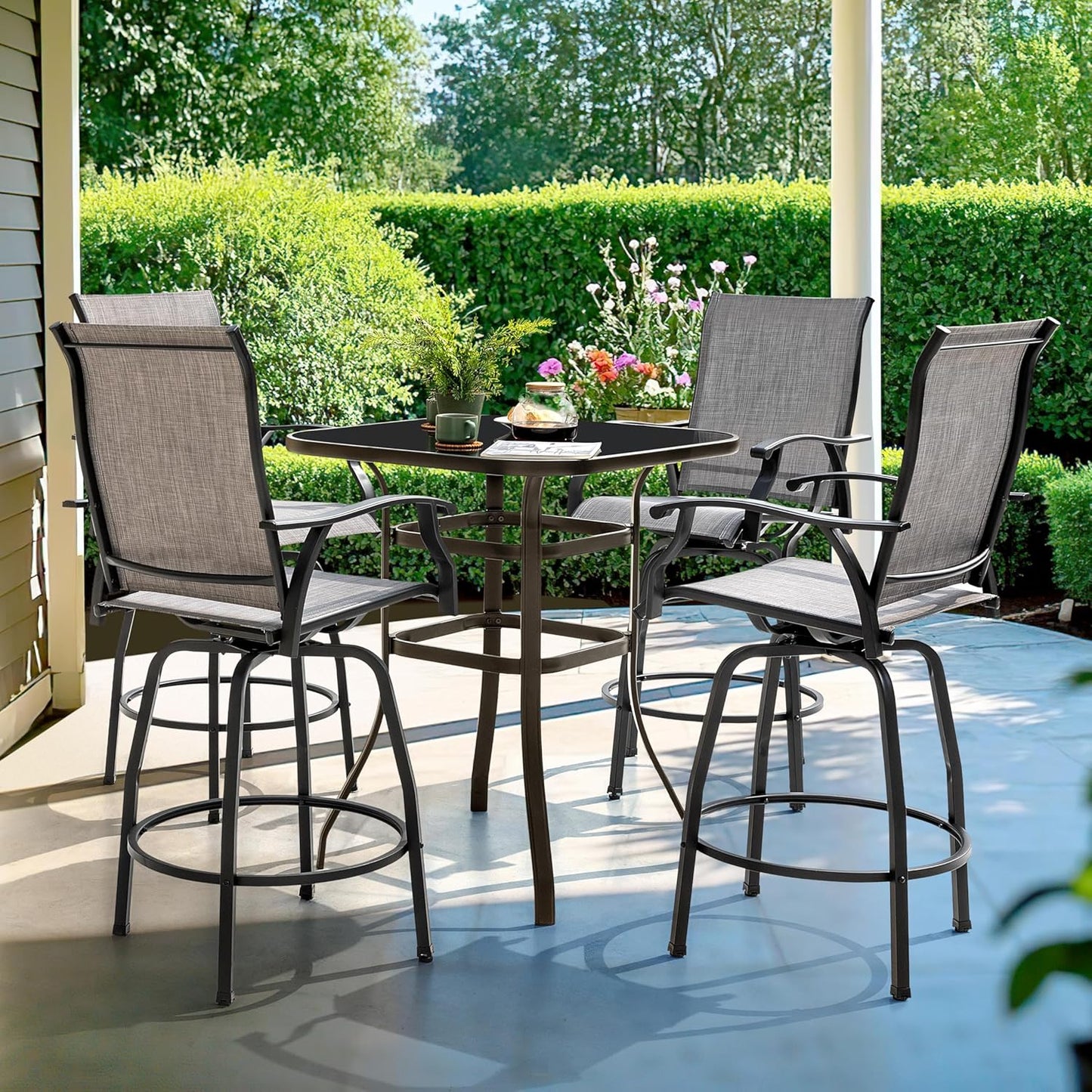 NUU GARDEN 5 PCS Patio Bar Set, Outdoor Tempered Glass Square Bar Table and Textilene Swivel Bar Stools with High Backrest, Bar Height Outdoor Table and Chairs for Patio, Garden, Backyard and Balcony
