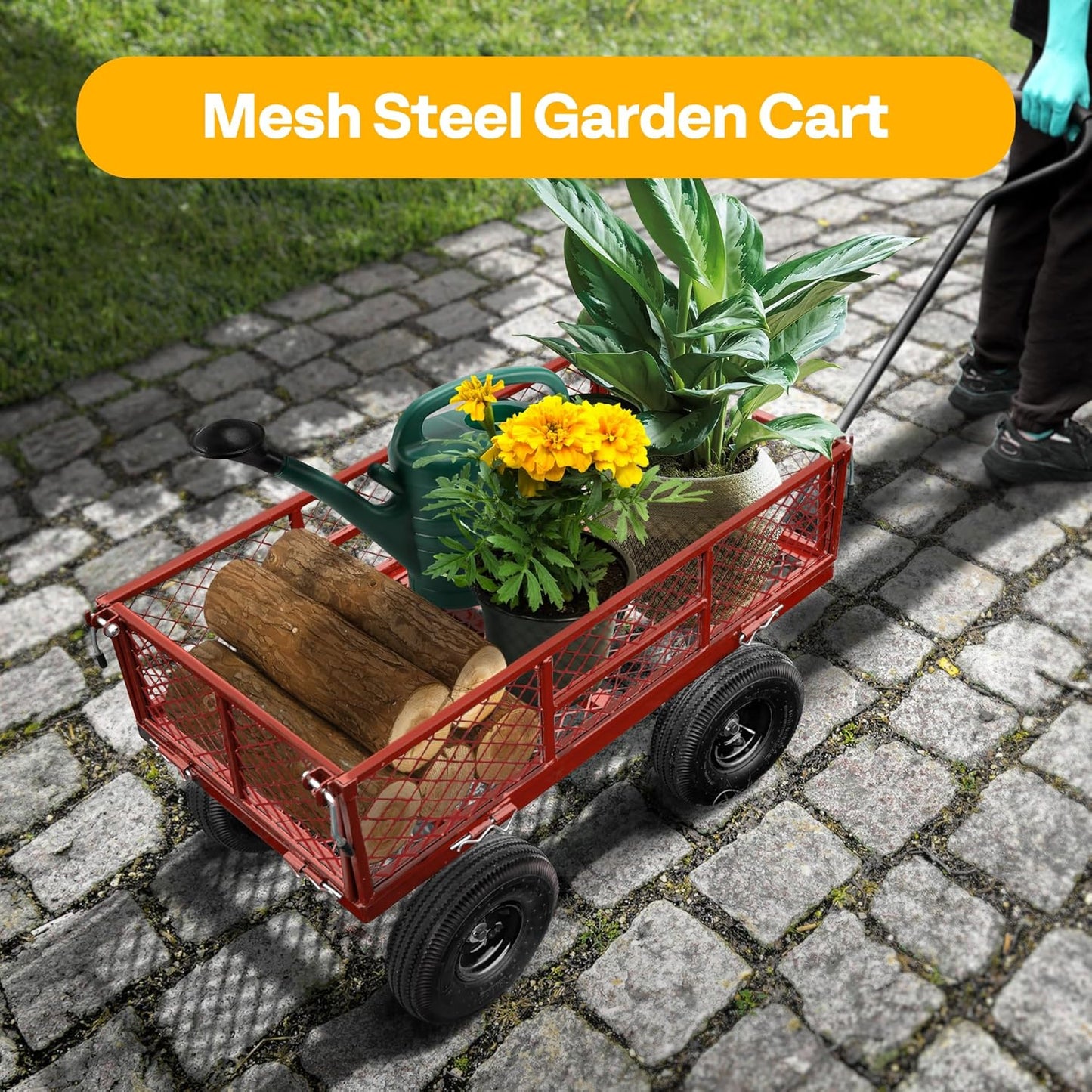 VIVOHOME Heavy Duty 880 Lbs Capacity Mesh Steel Garden Cart Folding Utility Wagon with Removable Sides and 4.10/3.50-4" Wheels 10 inch Tire(Red)