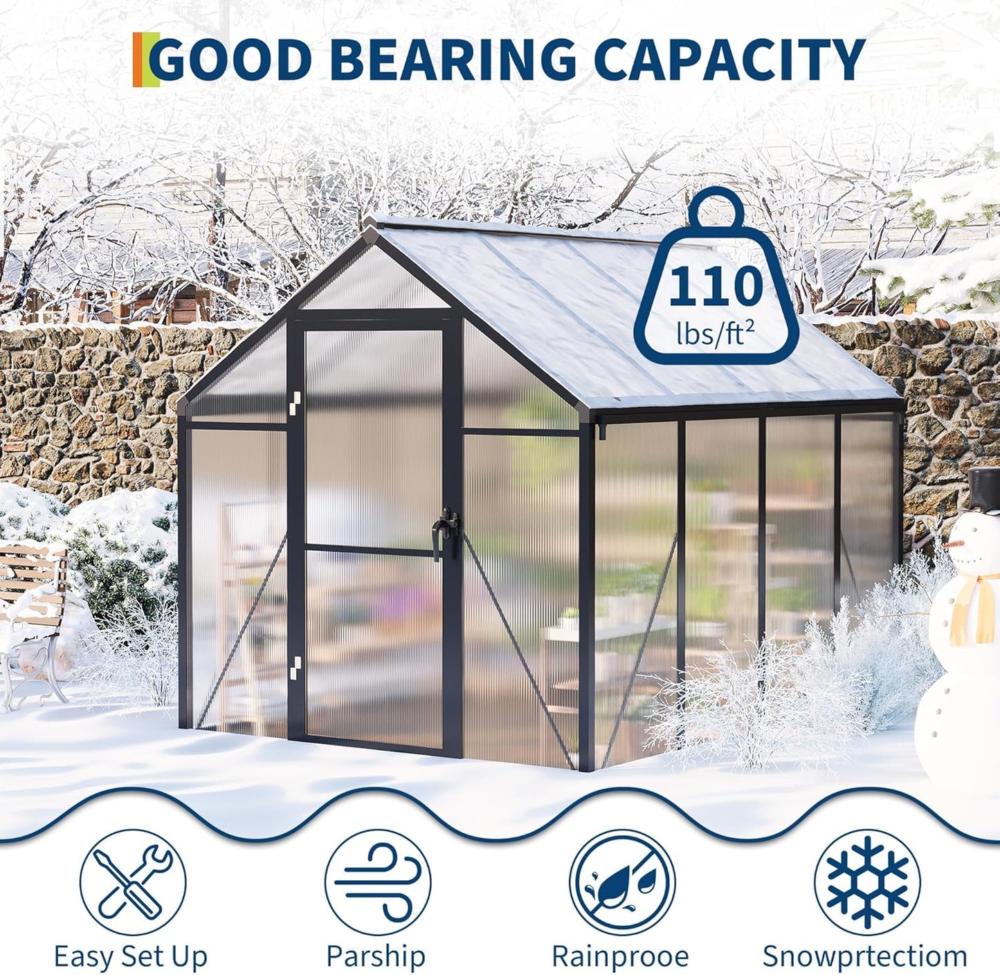 6x8FT Polycarbonate Greenhouse, Walk-in Outdoor Aluminum Frame Greenhouse with Roof Vent, Lockable Push Door for Garden, Backyard, Patio & Lawn