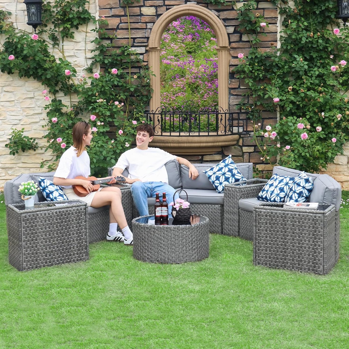 Outdoor Patio Furniture Set with Table, 11 Pieces Grey Rattan Half-Moon Sectional Round Set, Curved Conversation Set, Wicker Sofa with Tempered Glass Coffee Table (Gray, 11 Pieces)