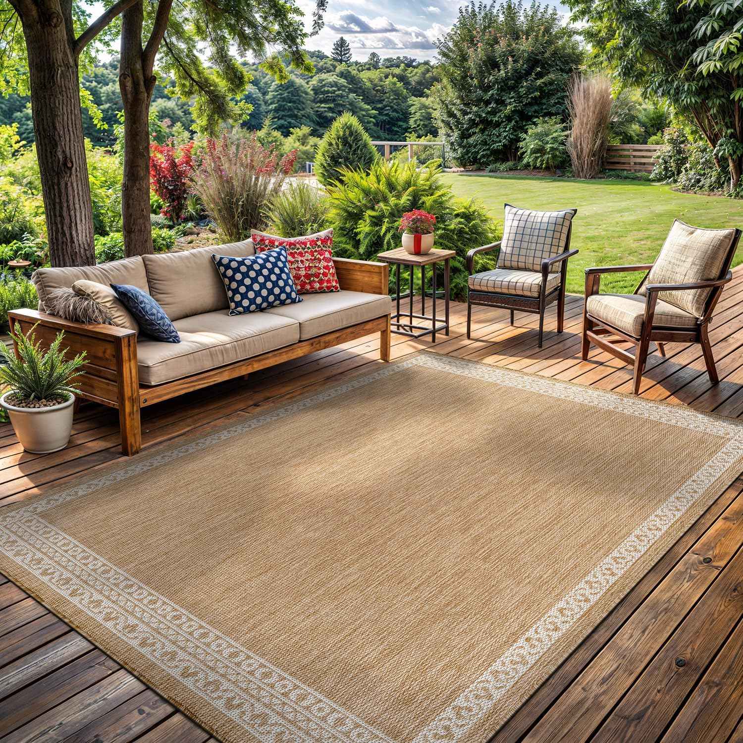 Washable Outdoor Rug 5x7 Modern Area Rugs Outdoor Carpets Bordered Pattern Non Shedding Waterproof Easy Clean Patio Deck Porch Living Room Bedroom Garden RV (5 X 7 Natural)