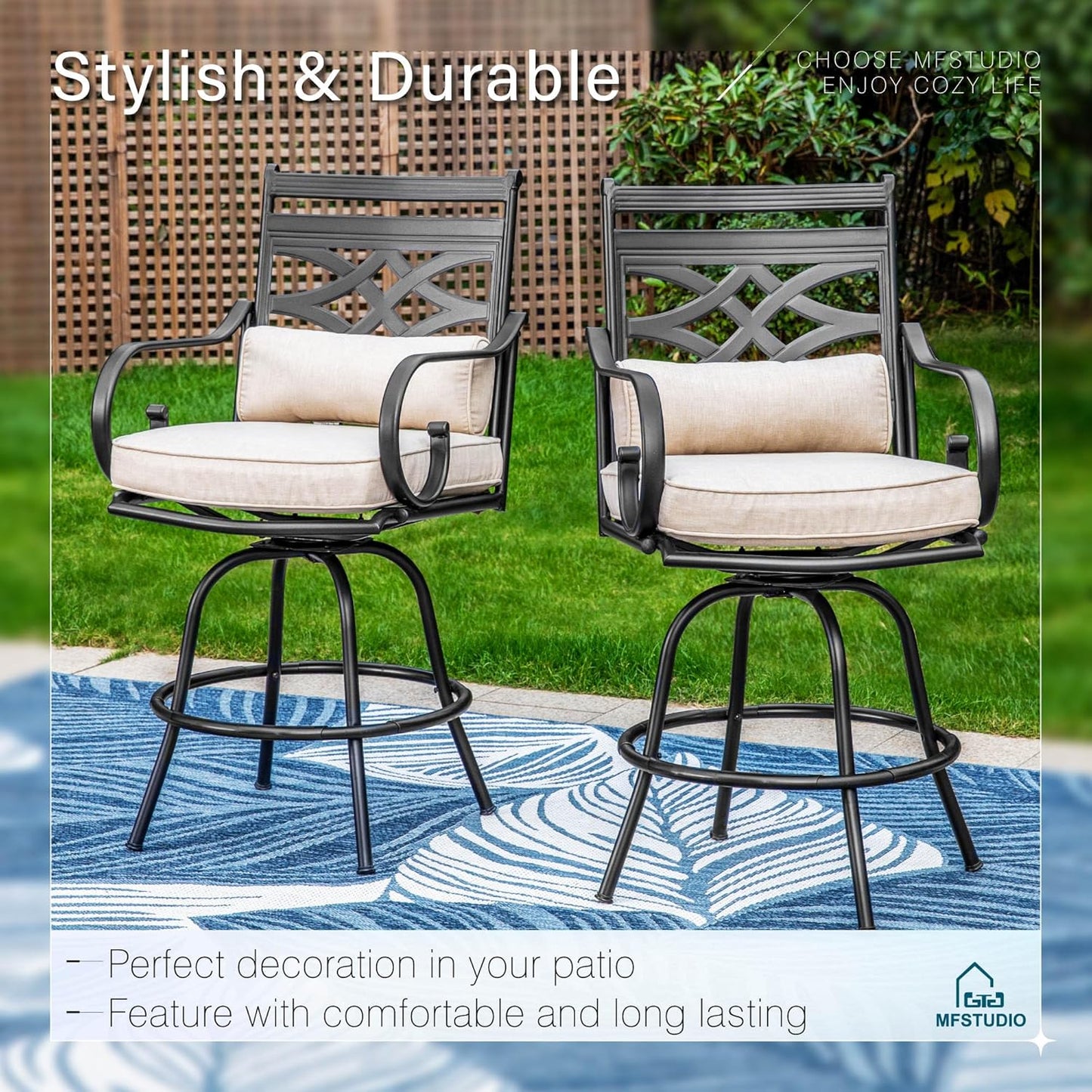 MFSTUDIO 5 PCS Outdoor Patio Bar Sets, Heavy Duty Metal 4 Swivel Counter Height Chairs with Seat & Back Support Cushion, 1 Square Metal High Table, Black