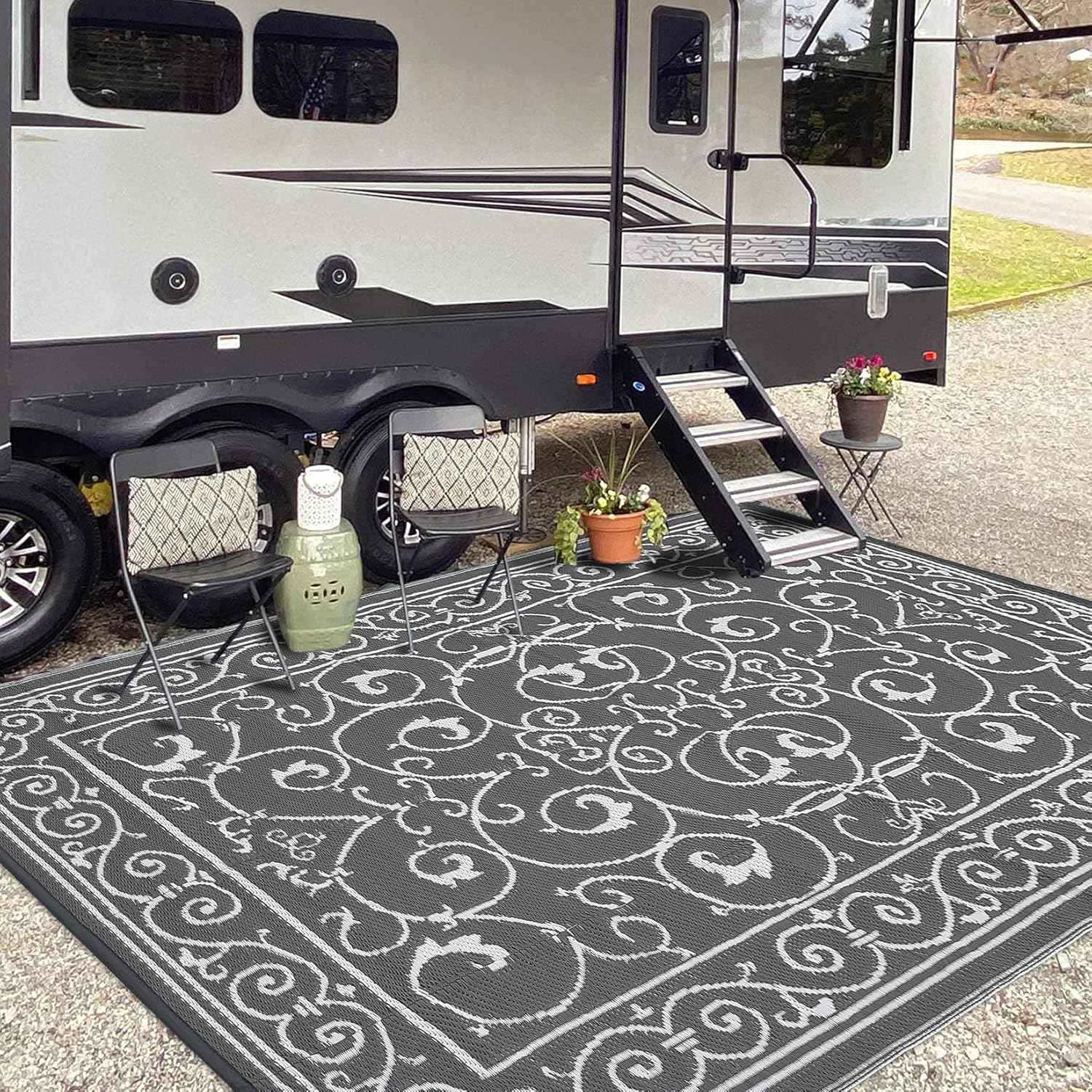9x12 Outdoor Rug Waterproof Foldable Plastic Straw Carpet for Patio Porch Vintage Reversible Mat Lightweight Floor Mat for Picnic, Backyard, Rv, Beach, Deck, Camper, Balcony，Grey