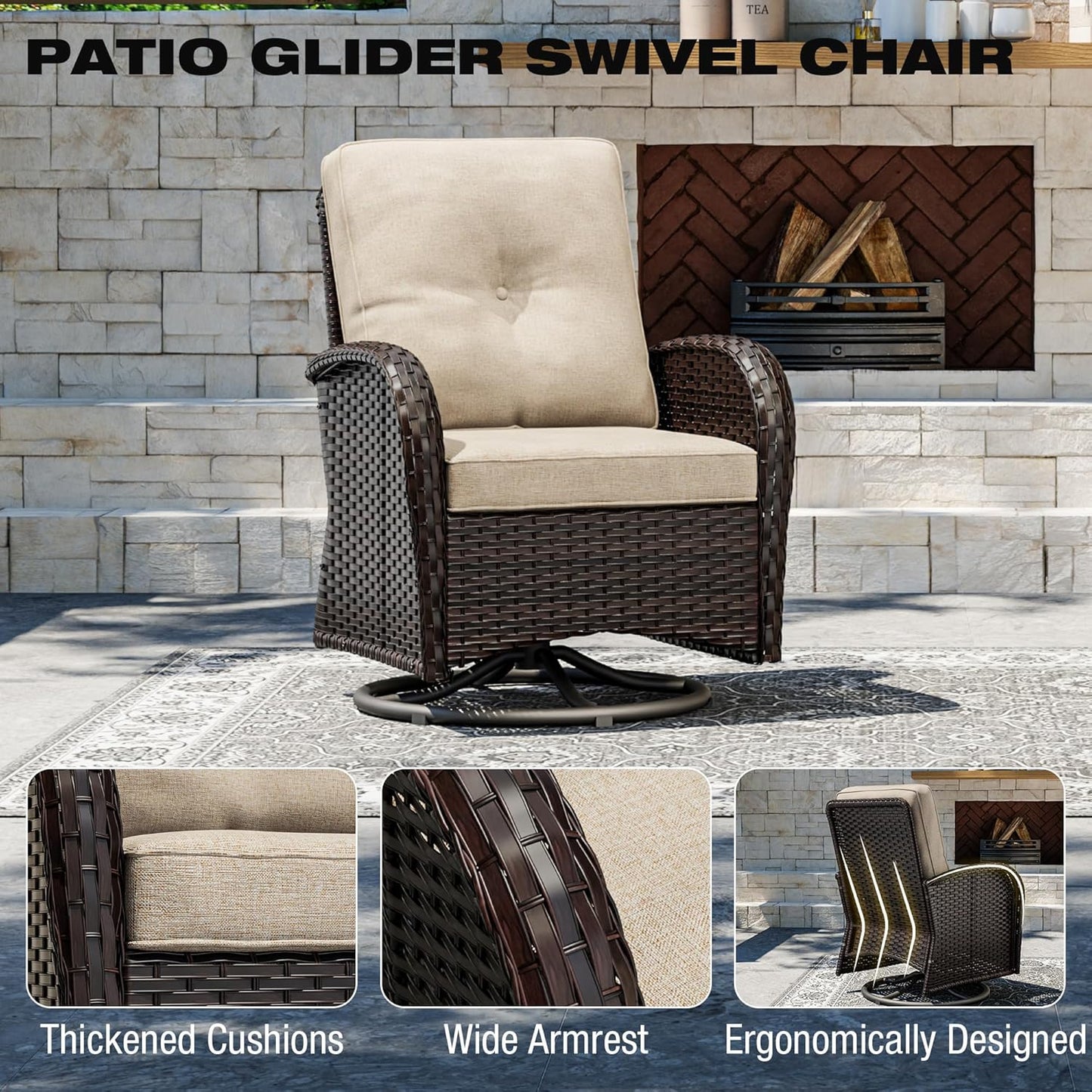 Joyside 5 Piece Patio Furniture Set, Outdoor Swivel Chair Sets with Thick Cushion and Ottoman, Wicker Patio Conversation Set for Porch, Deck Use (Brown/Beige, 5 PCS)