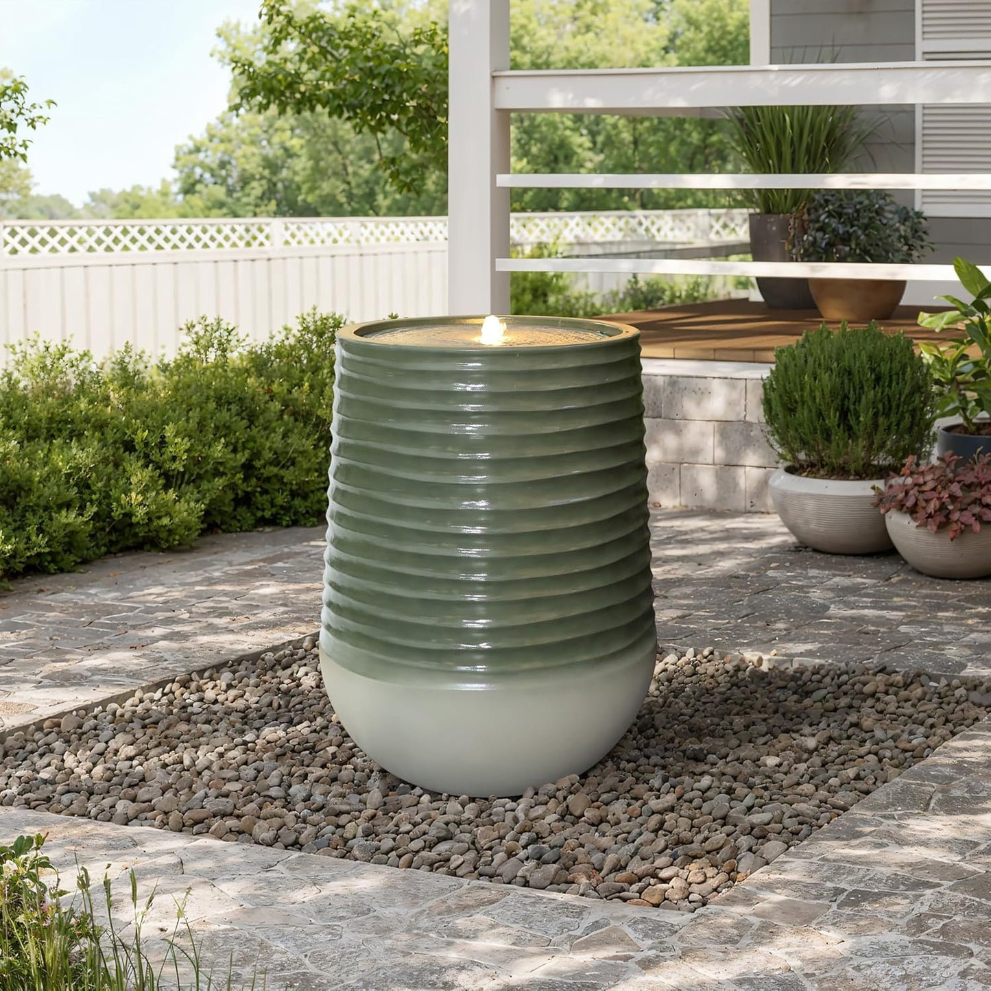 LuxenHome 28" Water Fountain Outdoor with LED Light, Modern Bubbling Garden Water Fountains with Gradient Color, Resin Outdoor Waterfall Fountains with Ceramic Like Glaze for Yard, Patio, and Porch