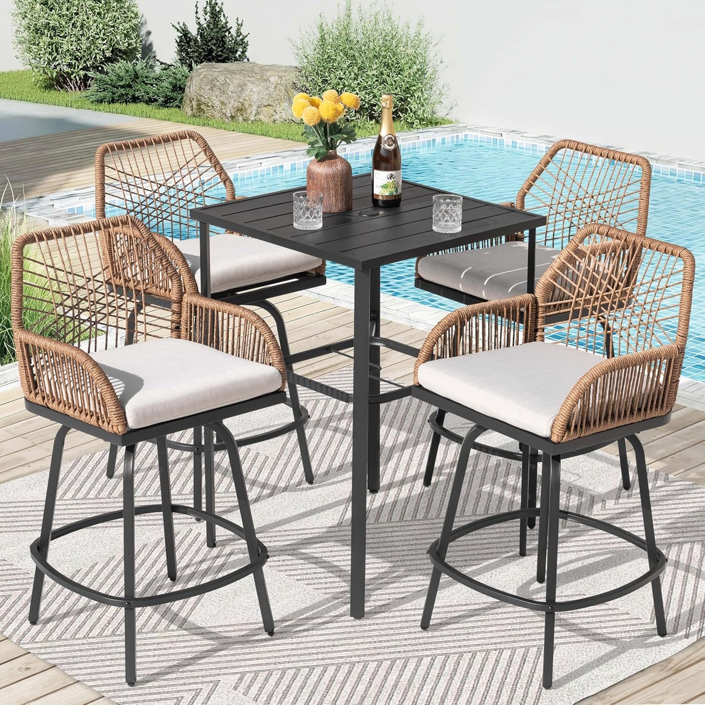 NUU GARDEN 5-Piece Patio Bar Set, All Weather Rattan Swivel Stools, 360 Degree Outdoor Swivel Bar Set for Backyard, Balcony, Garden and Poolside, Black and Beige