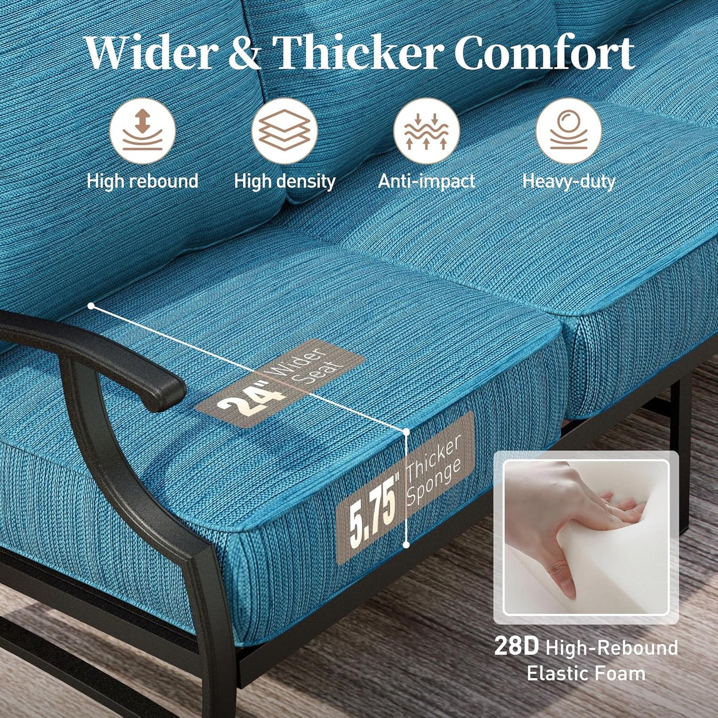 Metal Outdoor Rocker Patio Chairs Set of 2 with 5.75" Extra Thick Cushion, 2 Piece High Back Rocker Patio Chairs All Weather Outdoor Furniture Seating for Deck Balcony Porch, Blue-2
