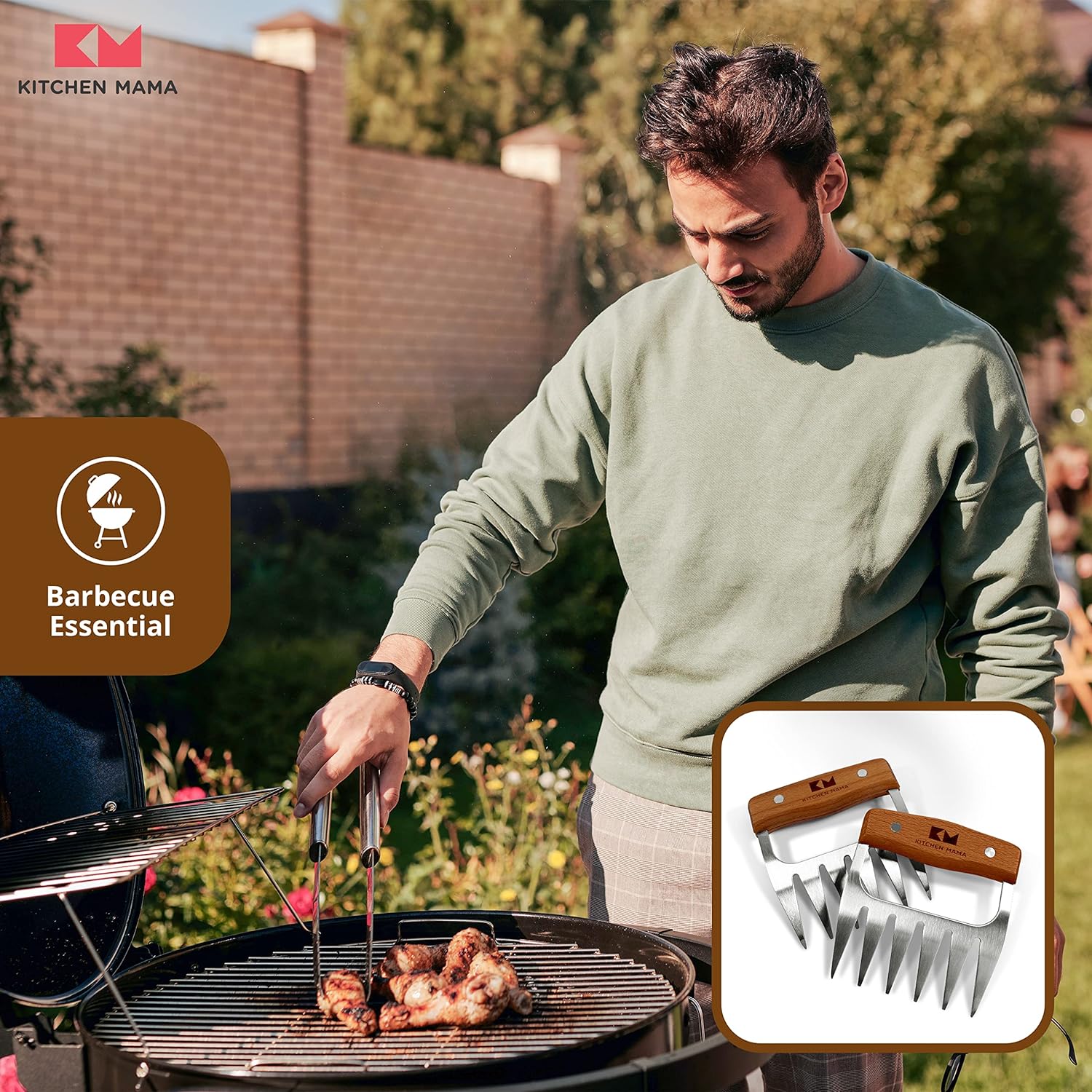 Kitchen Mama Meat Claws: Stainless Steel Shredder Claws with Wooden Handle for BBQ, Shredding, Pulling Pork, Chicken, Beef, and Turkey - Perfect for Grill Masters (1 Pair) - Lumora Garden