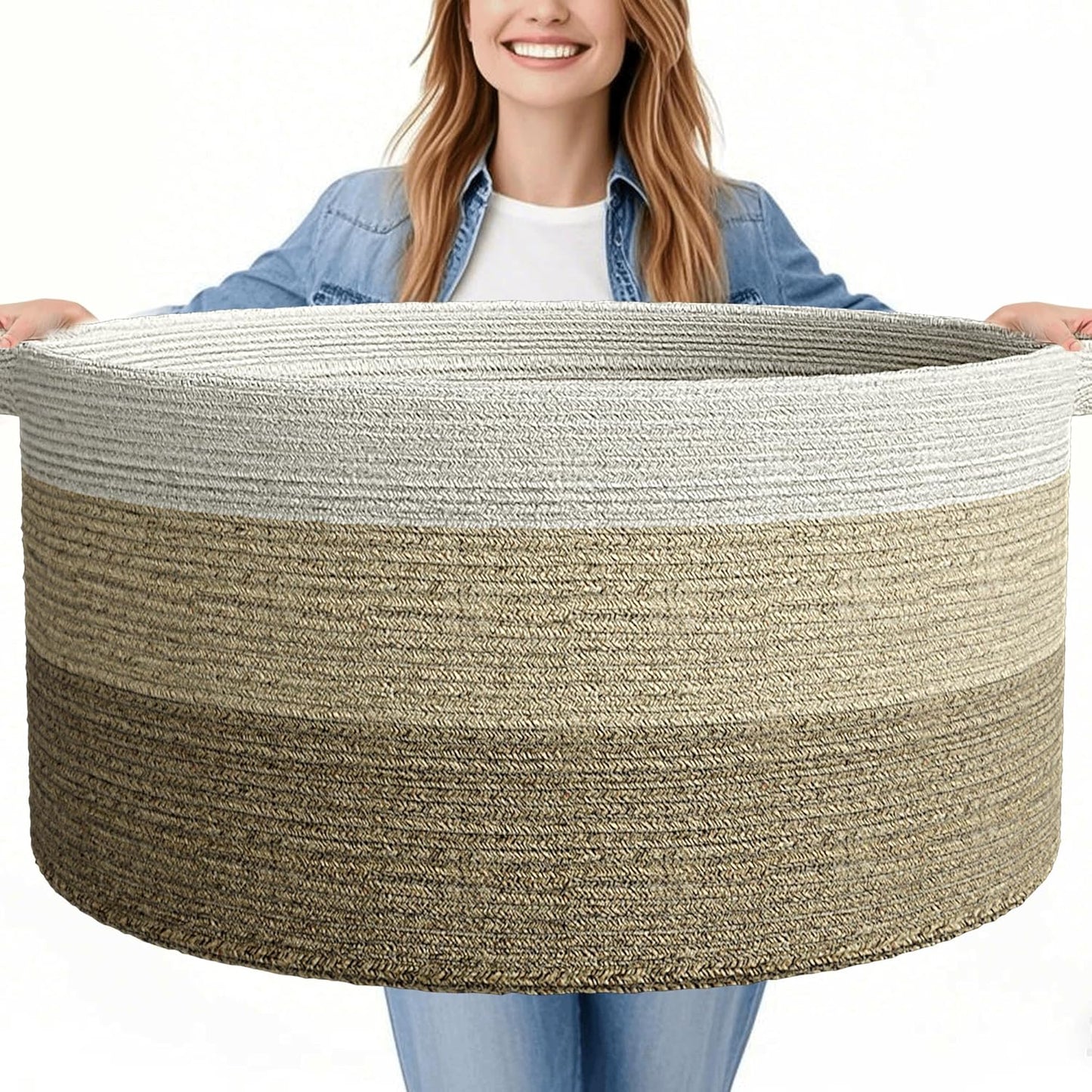 125L Extra Large Blanket Basket, 25" x 16", Jumbo Laundry Woven Basket Decorative Home, Cotton Rope Basket with Handles, Baby Toy Basket for Storage, Gradual Brown