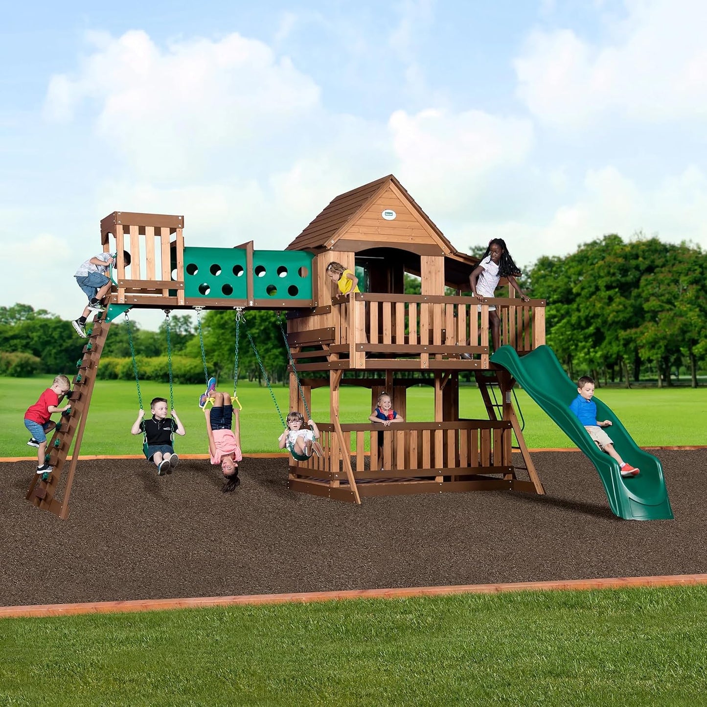 Backyard Discovery Woodridge Elite Cedar Wood Swing Set with Wave Slide, Clubhouse, Crawl Tunnel, Crow's Nest, Belt Swings, Trapeze, Rock Wall Ladder, Sandbox, Wrap-Around Porch, Deck, Outdoor Playset