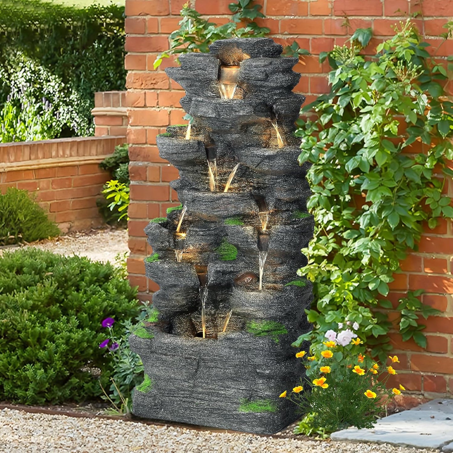 TITIMO 10-Tier Cascading Rock Water Fountain Outdoor Garden Waterfall with Lights,Fountain Indoor Decor for Garden, Patio, Backyard, Deck, Porch and Home Art Decor