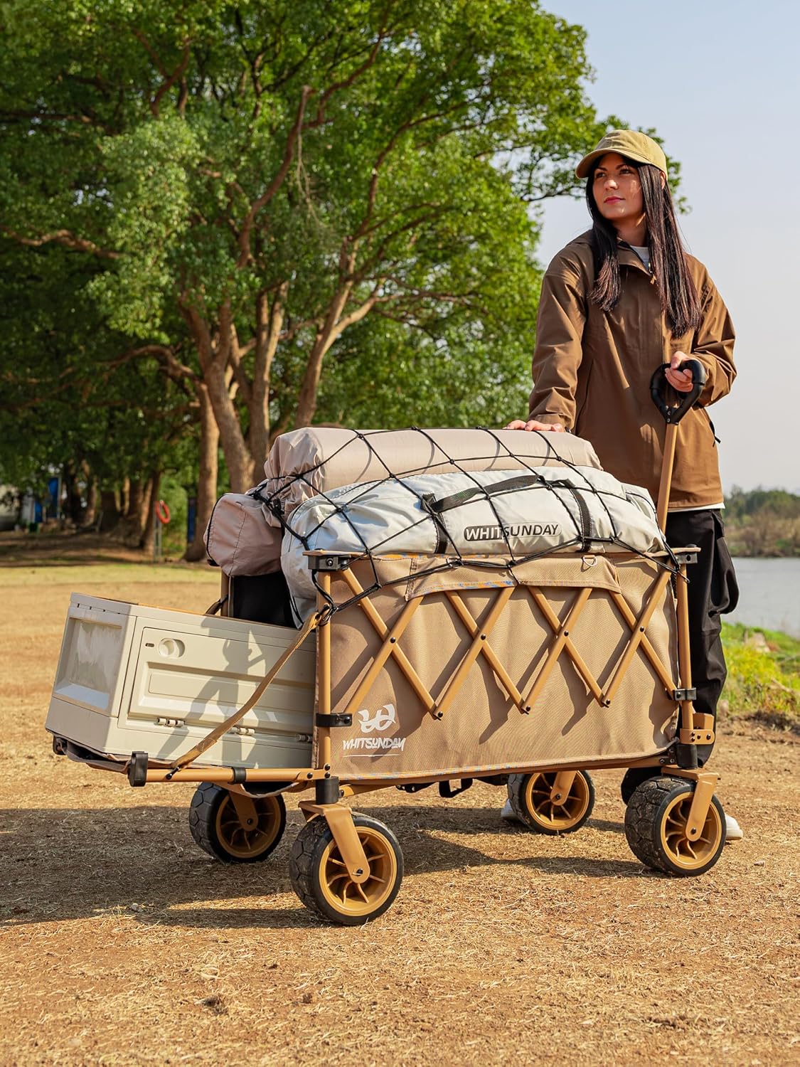 Whitsunday Collapsible Folding Wagon with Table,Heavy Duty Utility Beach Wagons with Opened Tailgate and All-Terrain Wheels for Camping,Garden,Sports Khaki