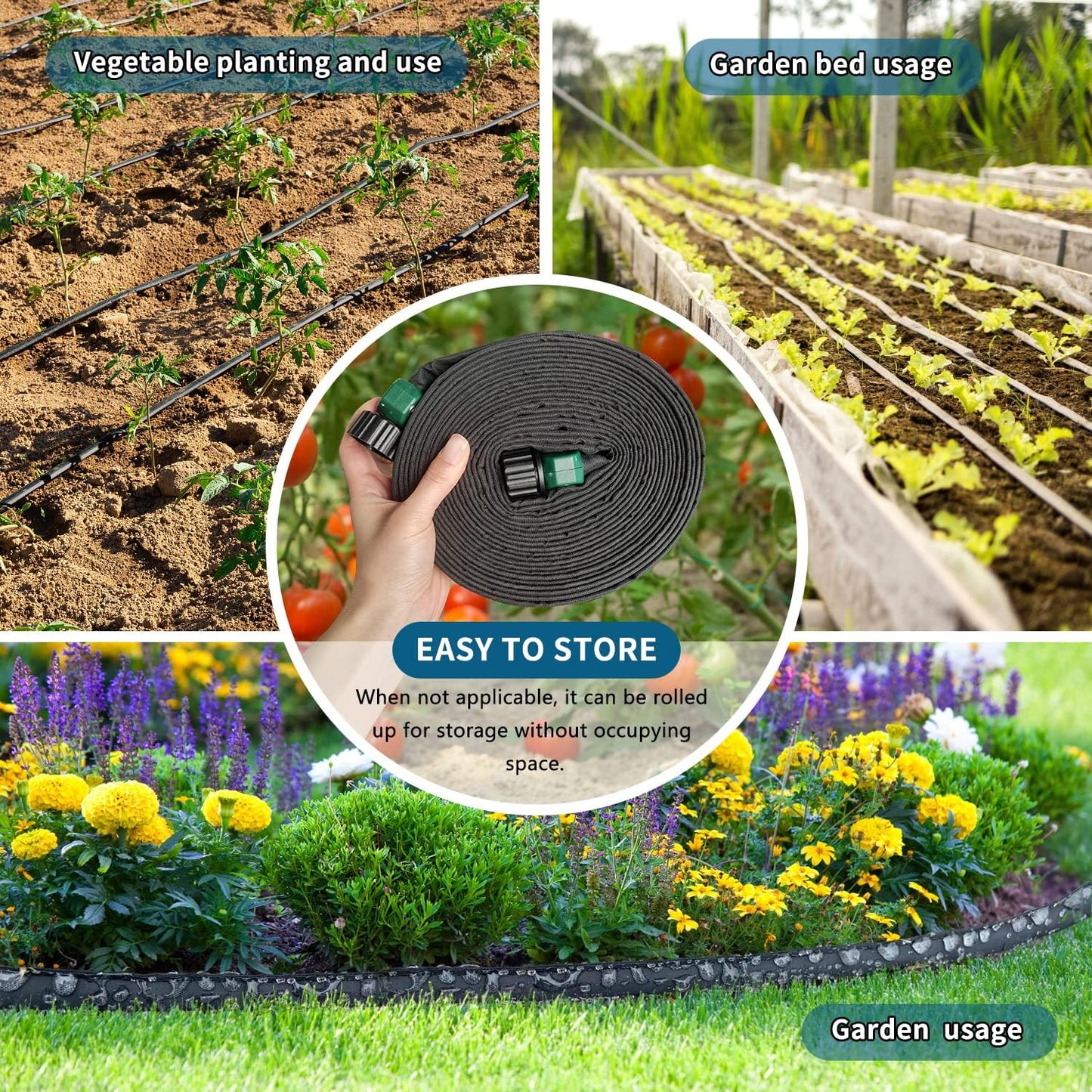 3 Pack Flat Soaker Hose 50 ft for Garden Beds, Cloth Soaker Hose 150 ft for Efficient & Effective Watering of Plants – Garden Soaking Drip Hoses Heavy Duty & Easy to Install (50FT 3Pack)