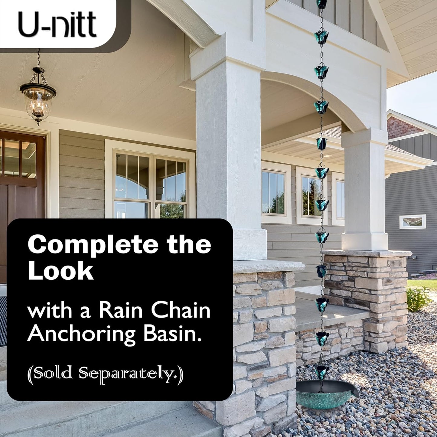 Rain Chain Water Collection for Gutters, Rainwater Catcher & Diverter, 8.5 FT Chains for Outside Garden, Butterfly Bucket Cups, Roof Downspout, Works with Heavy Rain, w/ Gutter Clip for Rainchains