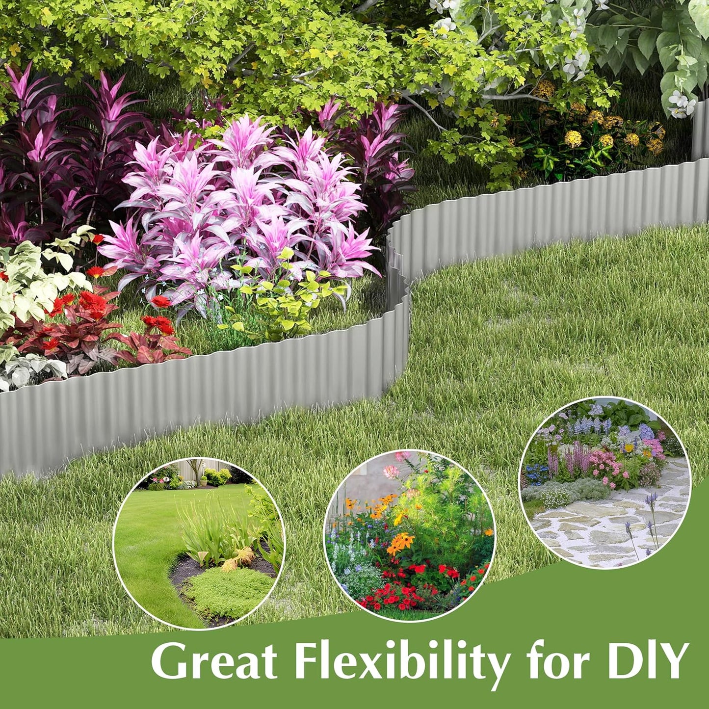 Metal Garden Edging Border, Corrugated Steel Landscaping, DIY for Lawn (Silver, 8 Inch x 10FT)