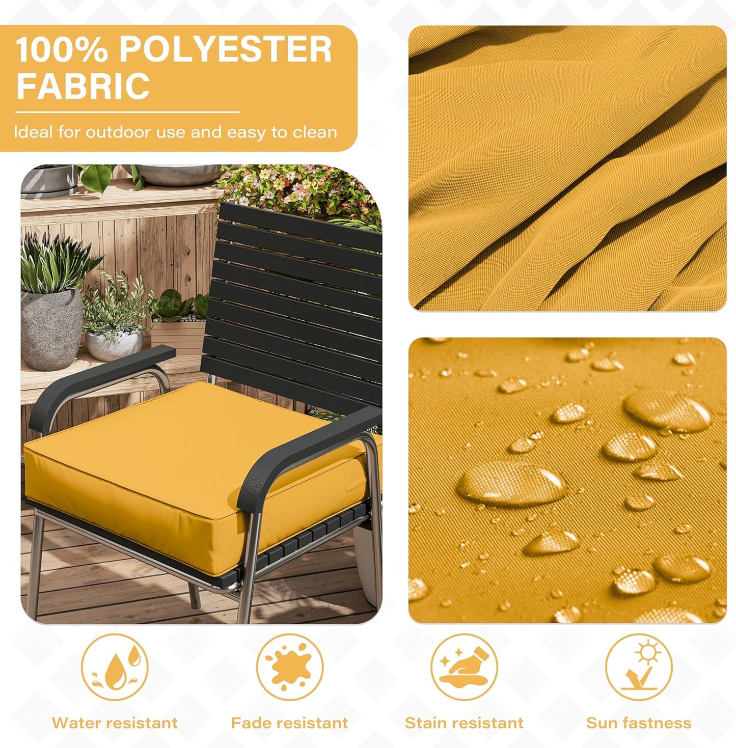 Patio Chair Cushions 24 X 24 X 5 Inch Waterproof Outdoor Seat Cushions for Patio Furniture, Outdoor Sofa Couch Pads with Ties & Handle, Set of 2, Yellow