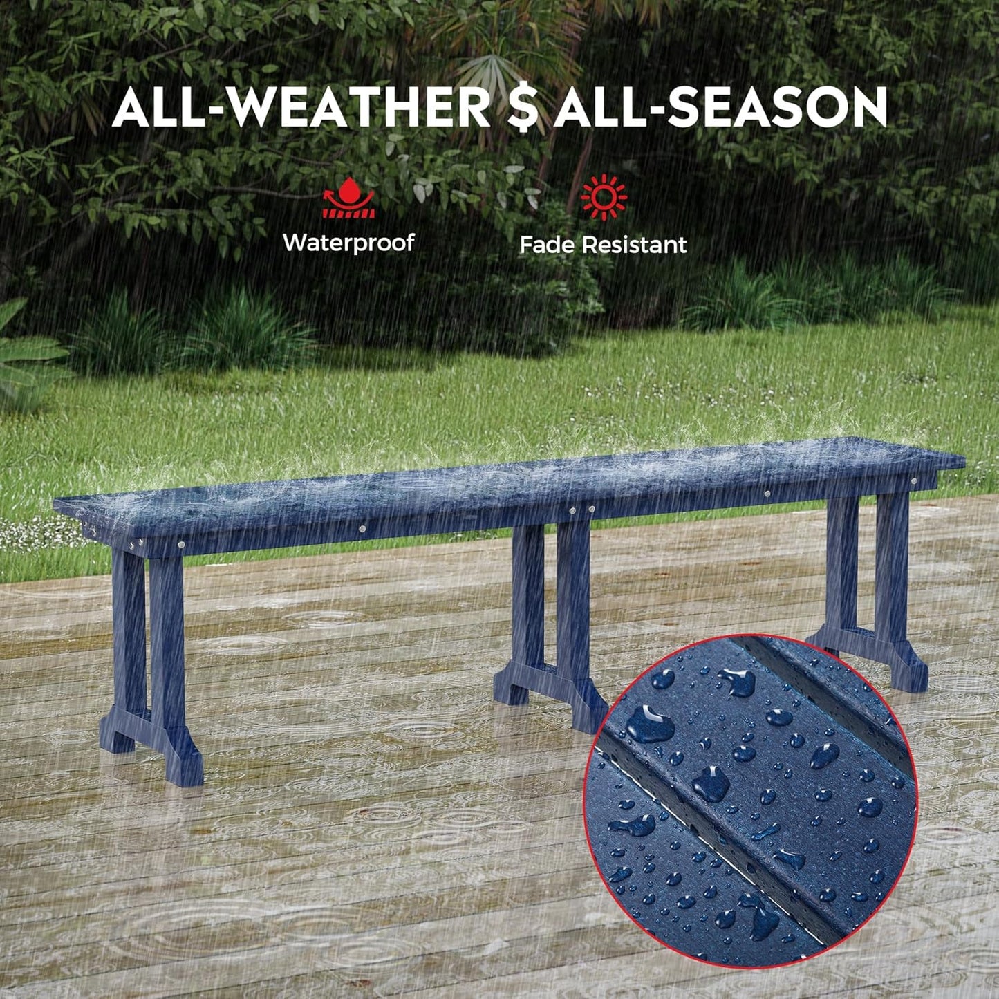 Outdoor Benches Weatherproof, Park Long Bench Poly Lumber Backless for Entryway Front Porch Garden Bench Seat for Patio, Navy Blue