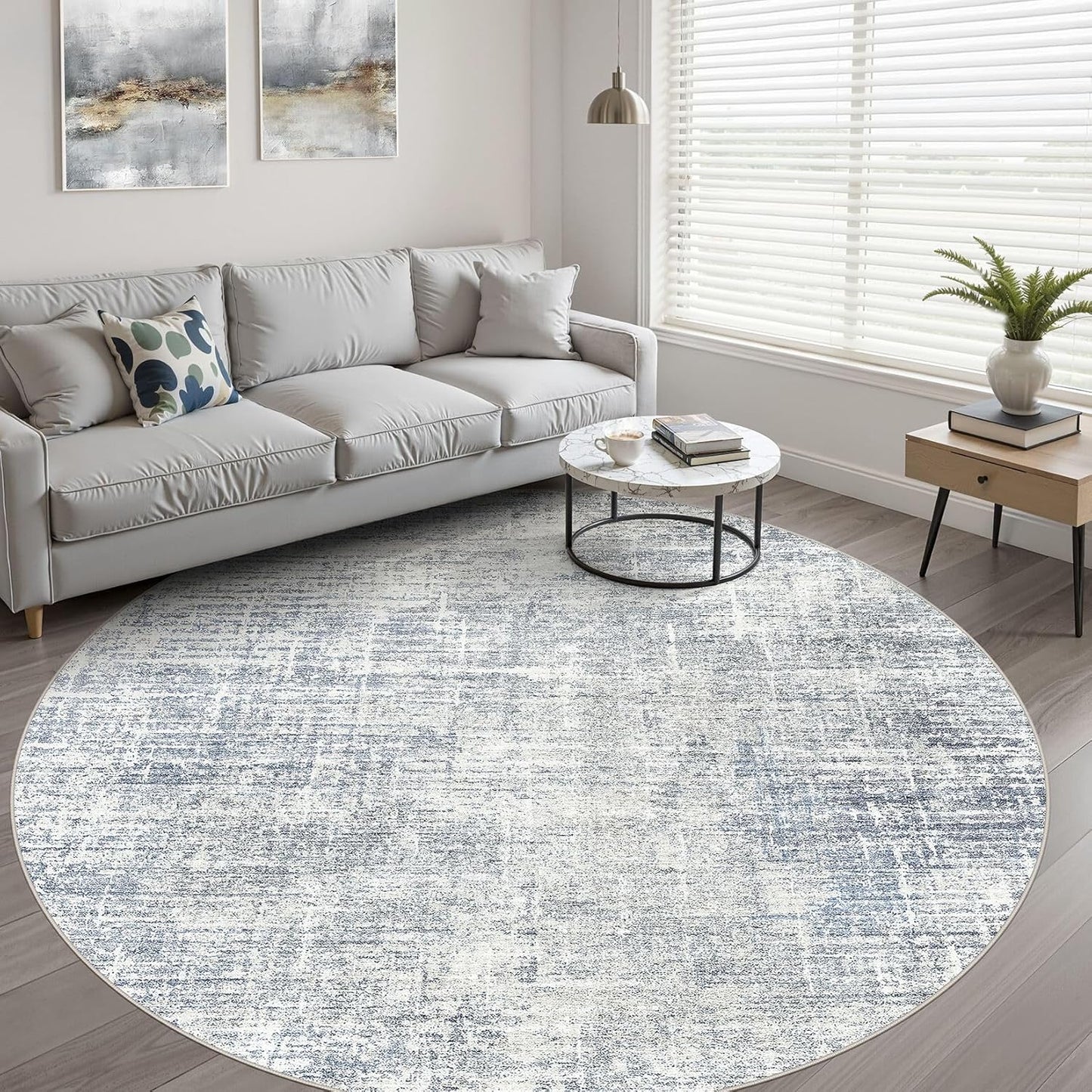 7ft Round Rug Living Room: 7x7 Washable Large Neutral Blue Circle Area Rug Abstract Soft Modern Stain Resistant Indoor Floor Non-Slip Carpet for Bedroom Nursery Kids Office Playroom Dining Room