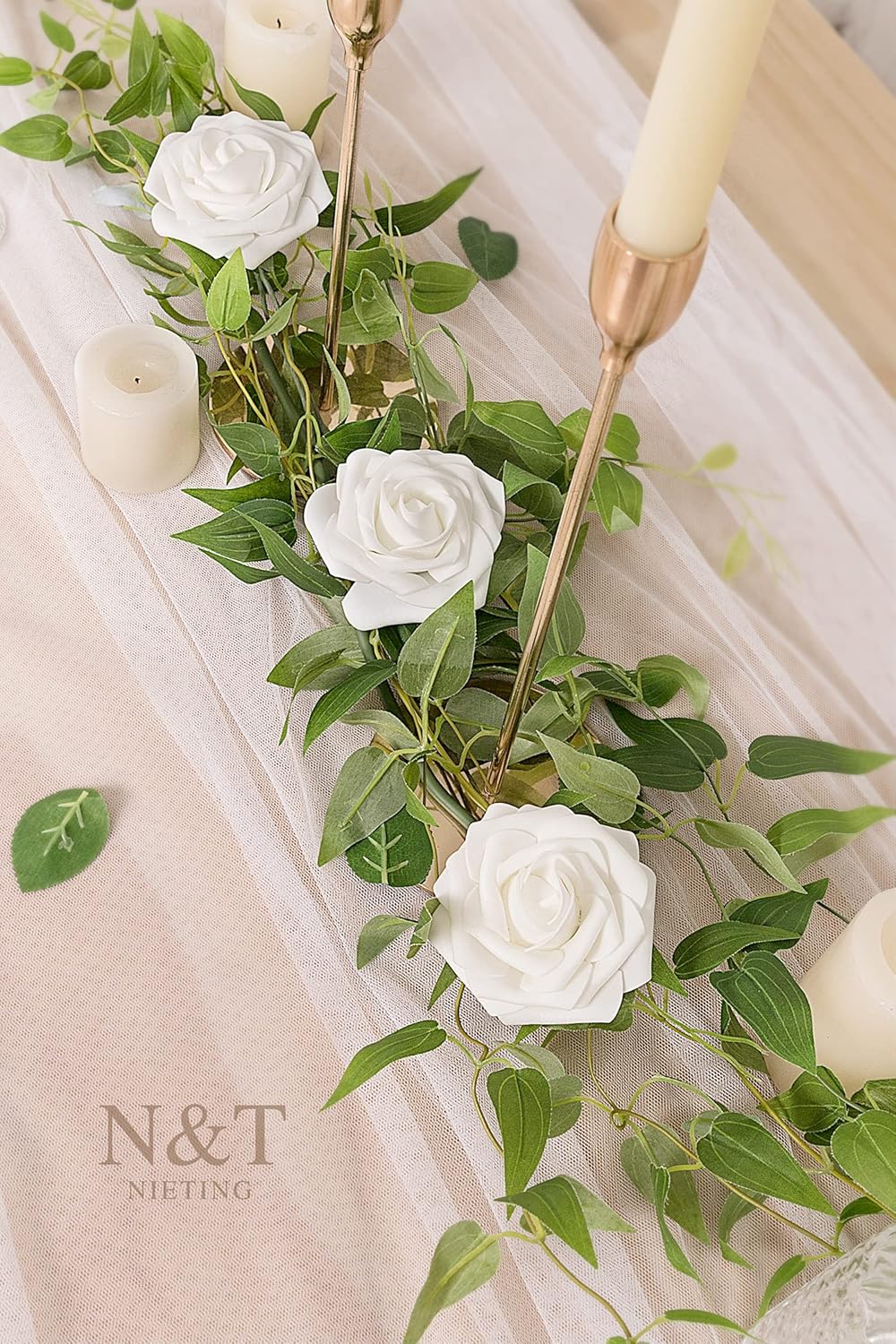 N&T NIETING Artificial Flowers 50pcs Real Touch White Flowers Artificial Roses for Decoration for DIY Wedding Bouquets Bridal Centerpieces Floral Shower Party Tables Home Arrangement
