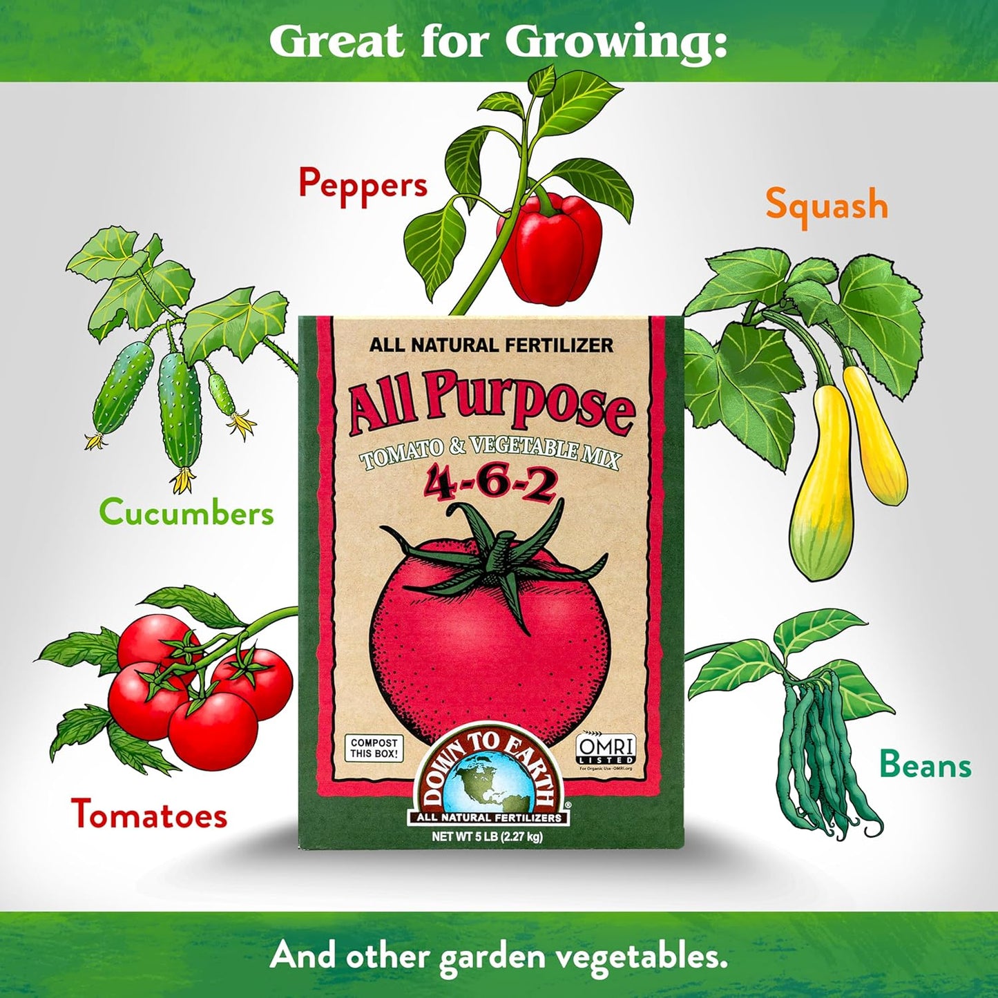 Down To Earth All Natural Fertilizers Organic All Purpose Tomato & Vegetable Mix - Plant Food for Tomatoes, Peppers, Herbs and Flowers 4-6-2, 5 lb
