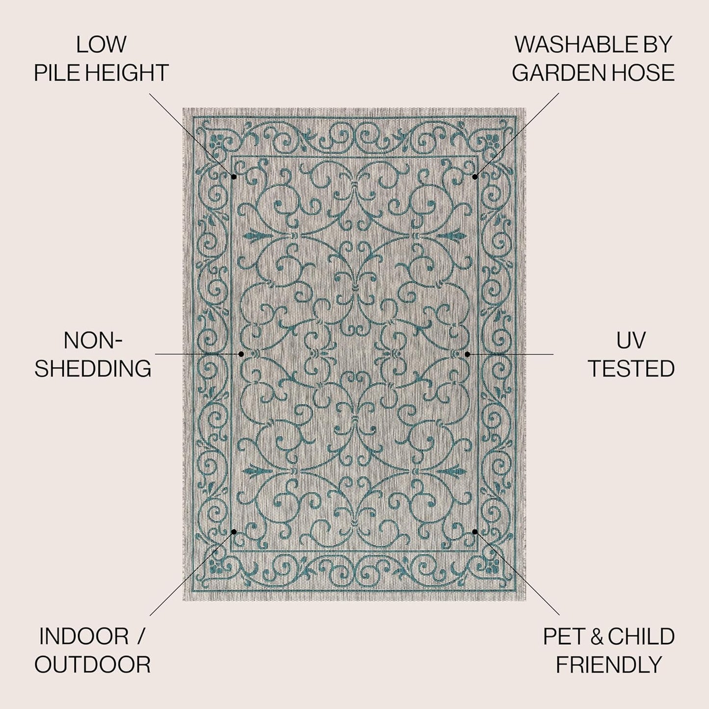 JONATHAN Y SMB106E-8SQ Charleston Vintage Filigree Textured Weave Gray/Teal 8' Square Indoor/Outdoor Area Rug, Pet Friendly, Non-Shedding, Stain Resistant, Easy-Cleaning for Backyard, Patio, Porch
