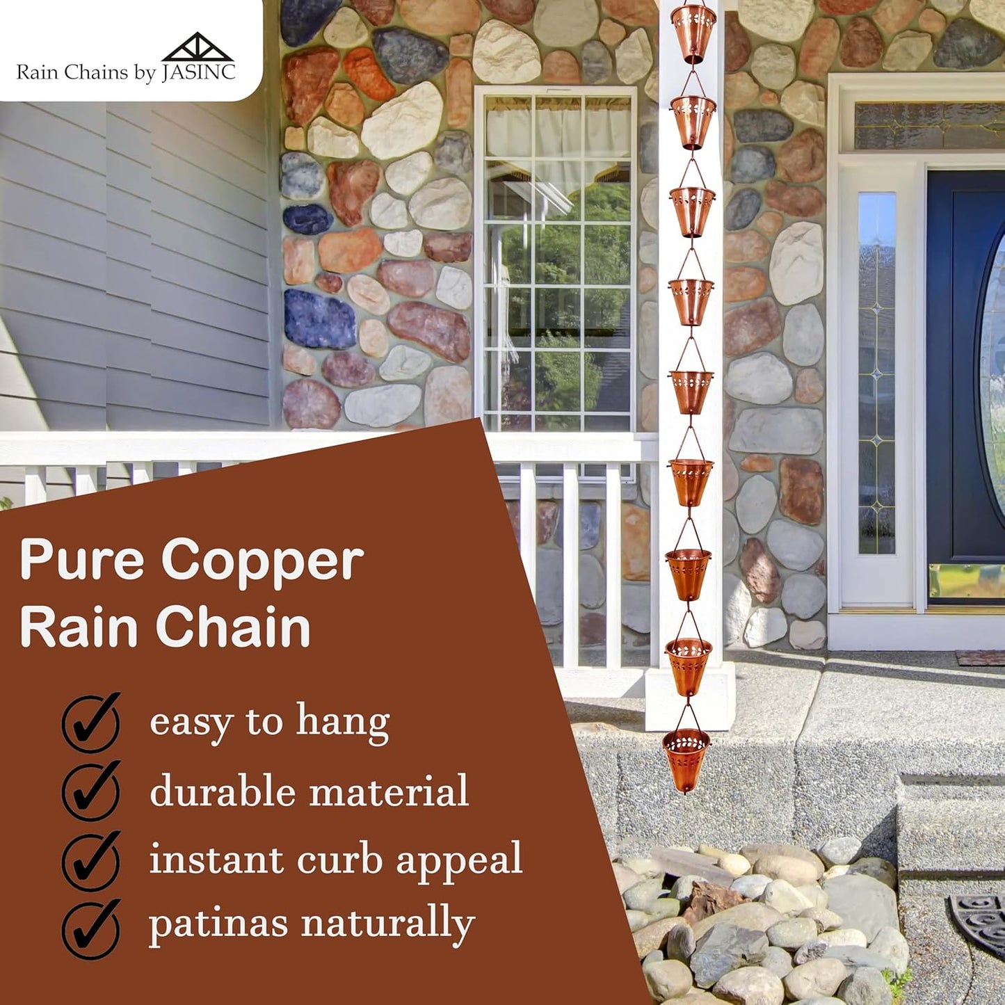 8.5 ft Fiona Cups Pure Copper, to Replace Roof Gutter Downspout, with Installation Kit, Rainwater Catcher/Water Diverter, JAS3004C
