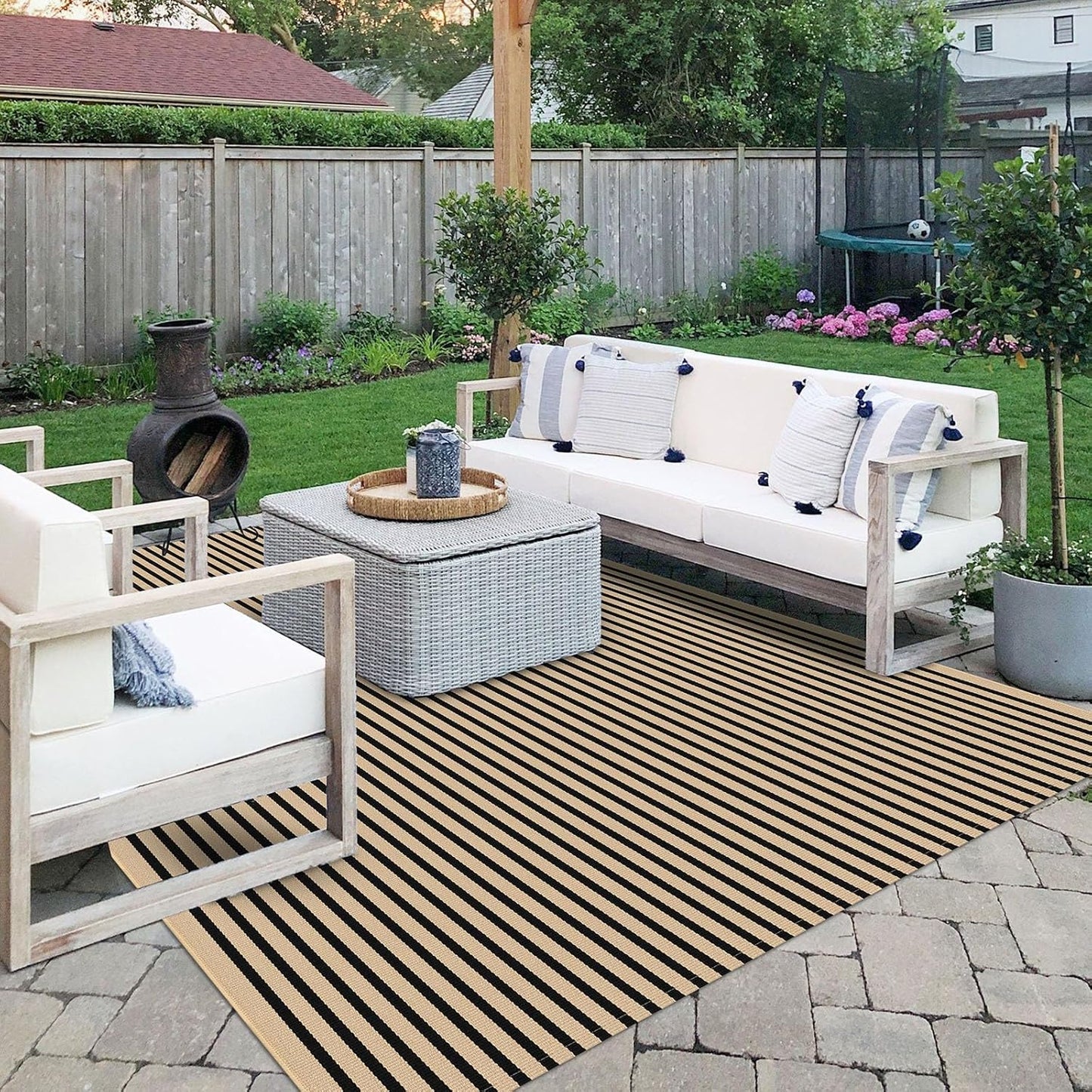 IOHOUZE Striped Area Rug 8'x10' Indoor Outdoor Rug, Washable Area Rug for Living Room, Large Patio Rug, Cotton Striped Rugs for Patio Living Room Bedroom, Tan/Black