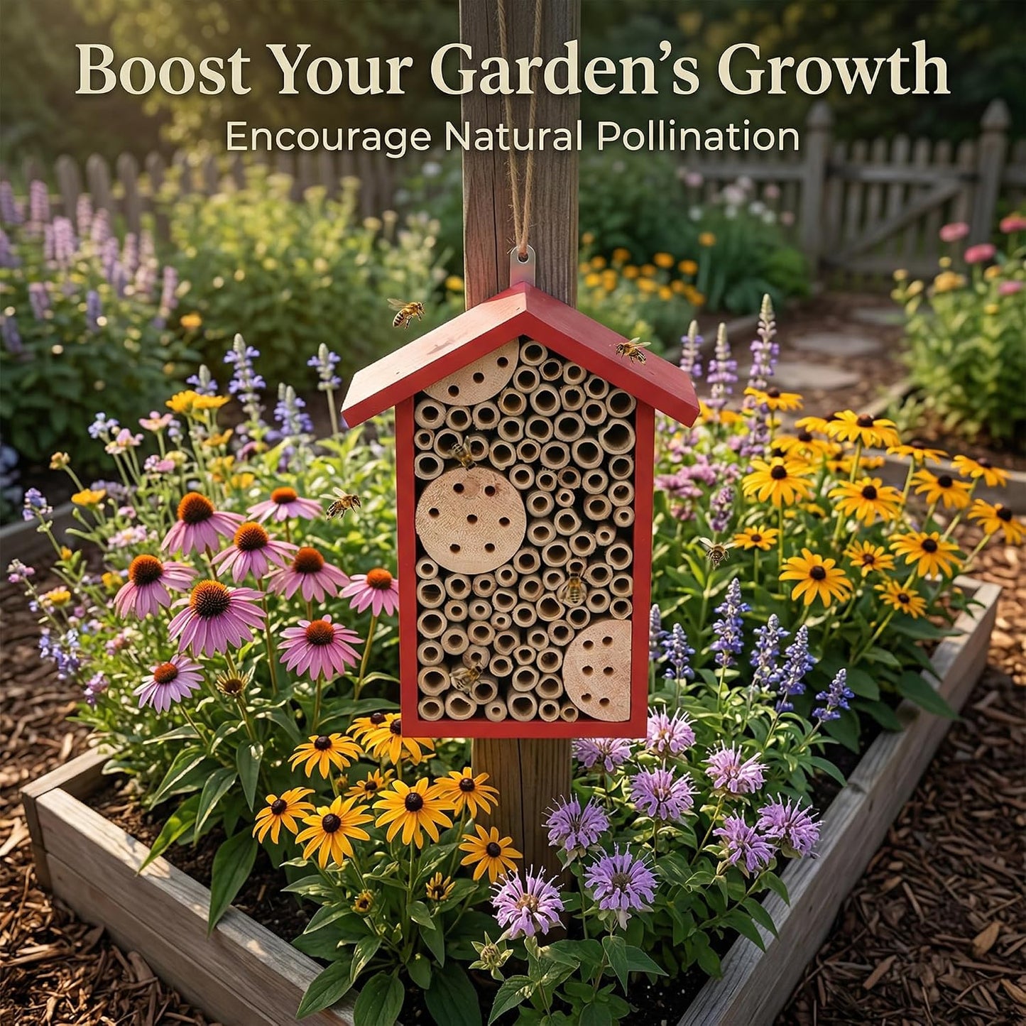 Topadorn Red Wooden Bee House, Natural Bamboo Tube Bee Hotel for Mason Bees, Outdoor Garden Pollinator Shelter with Hanging Ring