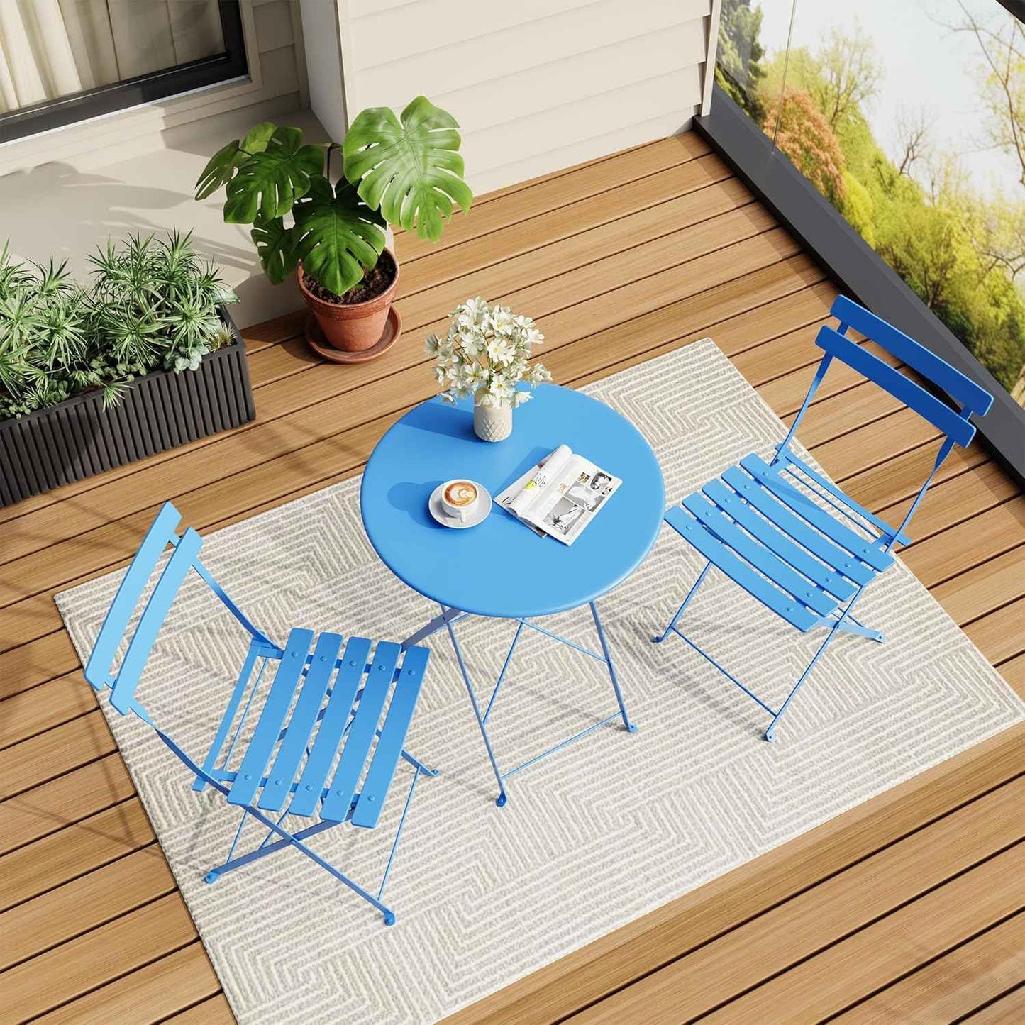 Bistro Table and Chairs Set of 2, 3 Piece Outdoor/Indoor Folding Patio Bistro Sets, 2 Chair Patio Furniture Set with Table, Premium Frame Foldable Coffee Tables for Balcony, Yard, Garden, Blue