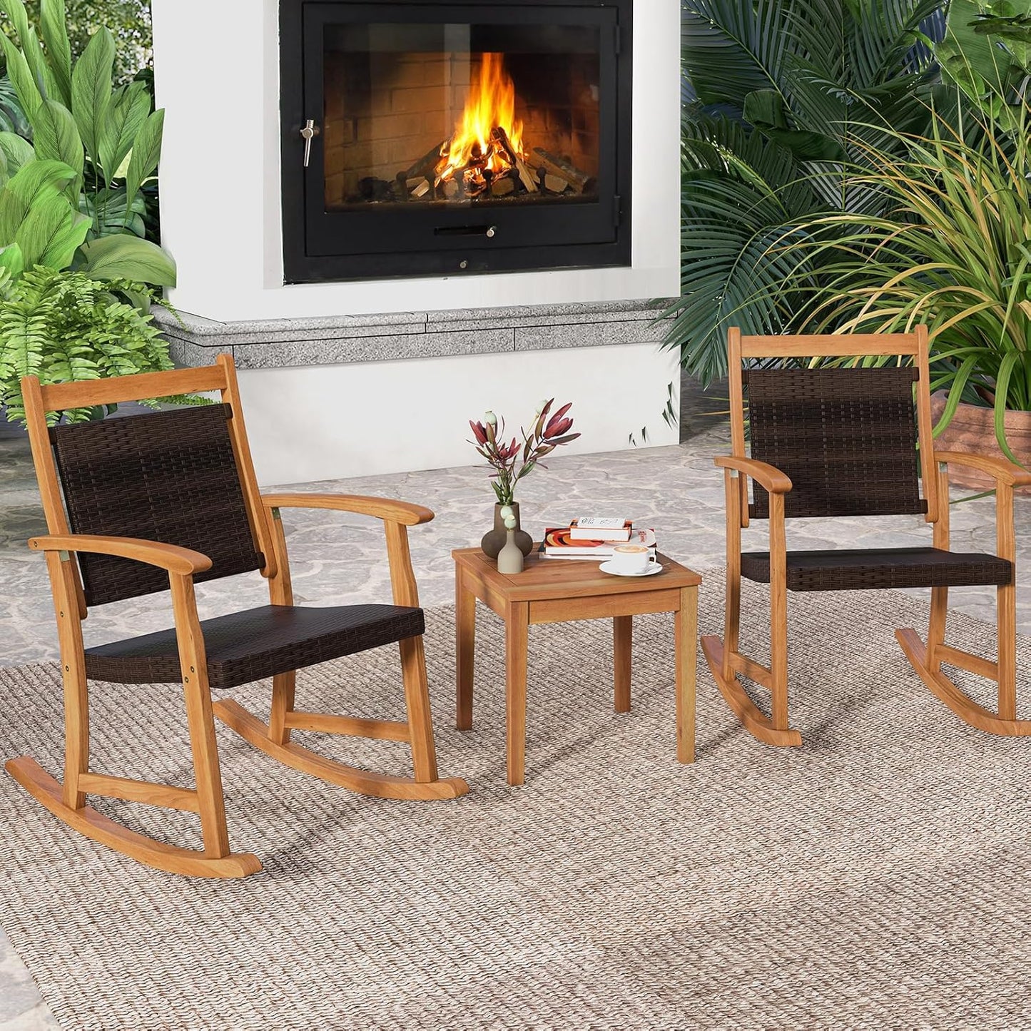 3 Pieces Rocking Chair Set, Acacia Wood Rocking Set with Coffee Table, Wicker Seat & Backrest, Patio Bistro Set Outdoor Conversation Set for Balcony, Garden, Backyard & Poolside