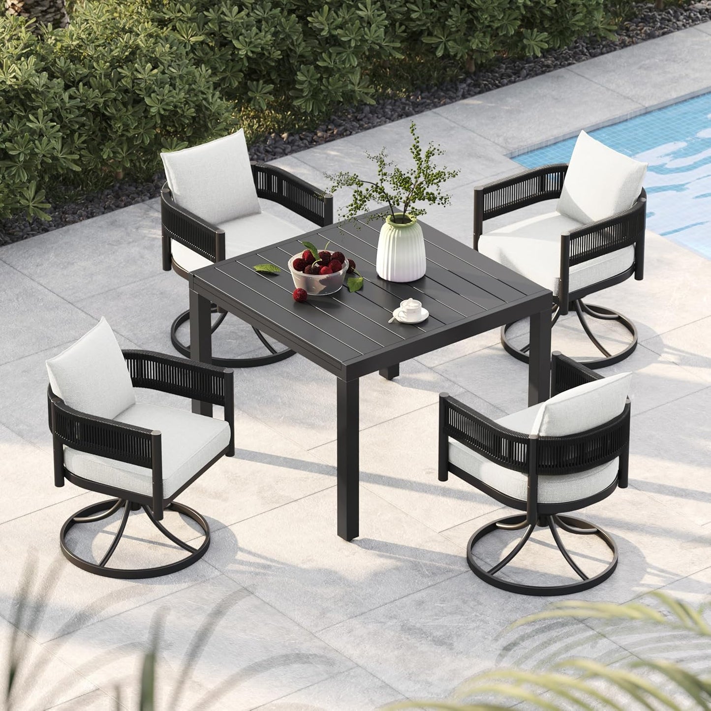 Grand patio 5-Piece Outdoor Dining Set for 4 with 1 Rectangle Expandable Table for 4-6 Person, Metal Woven Wicker Swivel Patio Chairs with Thickened Cushions for Yard, Poolside (Black)