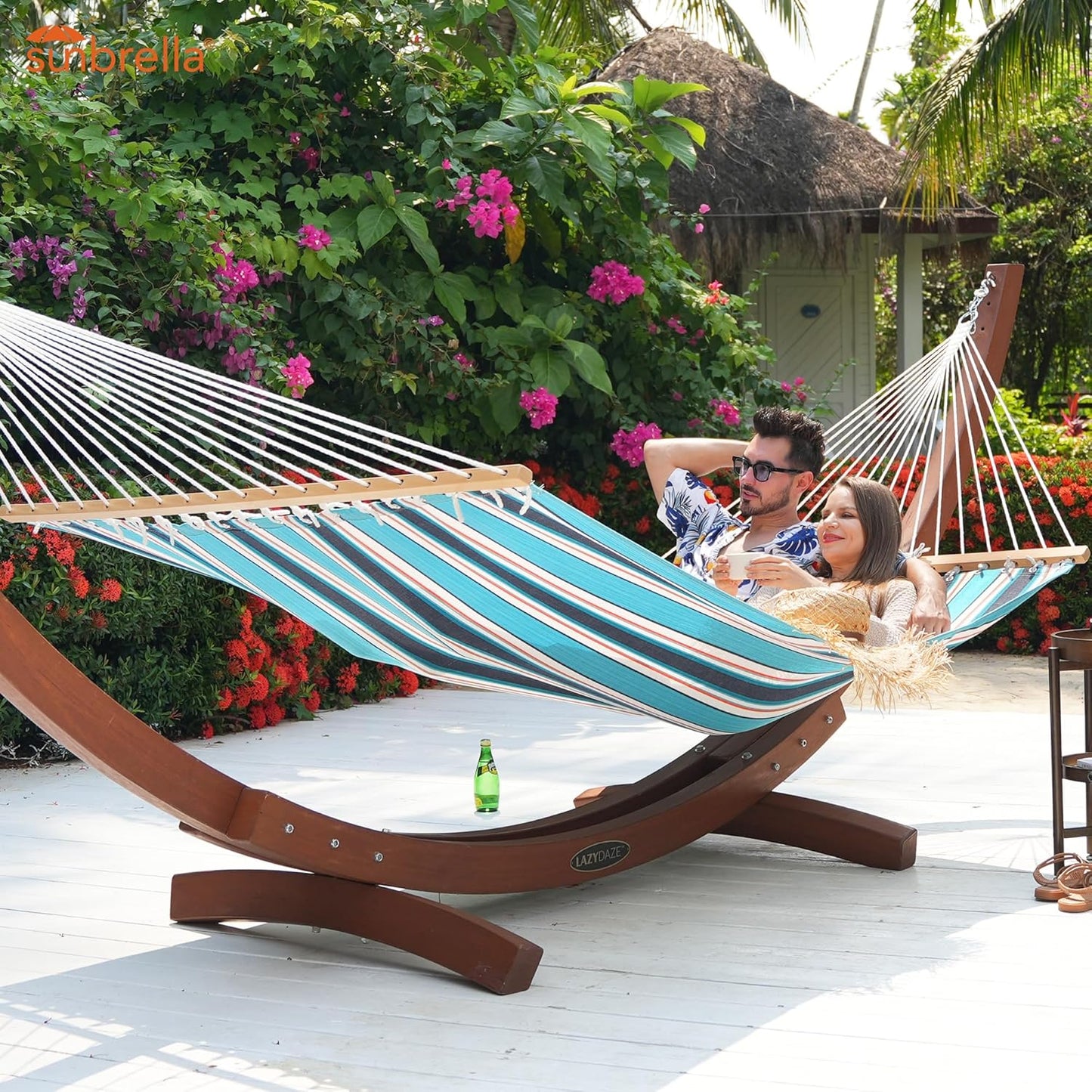 Lazy Daze 12 FT Sunbrella Fabric Hammock not Fading with Spreader Bars and Free Pillow Fits for Two Persons, All Weather and Fade Resistant for Patio Yard, 450 lbs Weight Capacity, Token Surfside