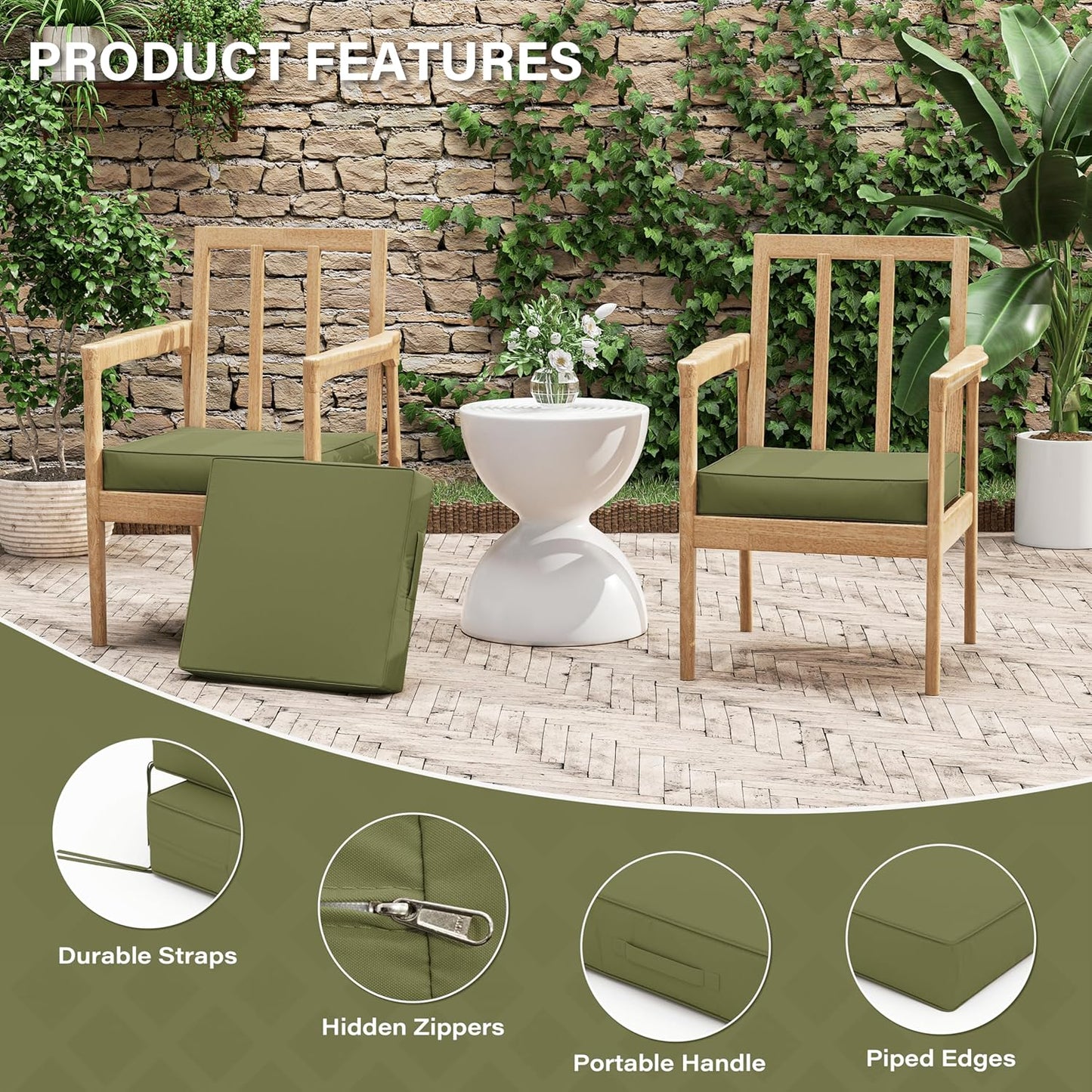 Patio Chair Cushions 17 X 16 X 3 Inch Waterproof Outdoor Seat Cushions for Patio Furniture, Outdoor Sofa Couch Pads with Ties & Handle, Set of 2, Light Green