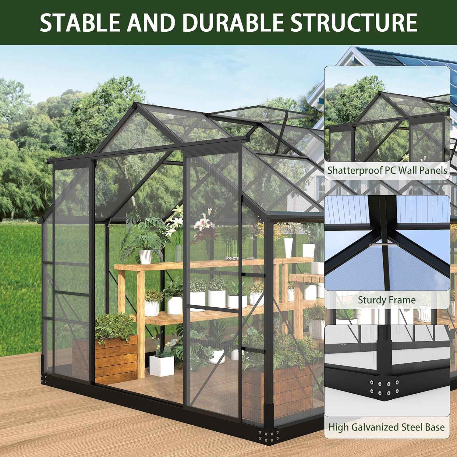Polycarbonate Greenhouses, 8x16 FT Green Houses for Outside with Adjustable Roof Vents, Walk-in Aluminum Frame Greenhouse, Windproof, Garden, Backyard Outdoor (8x16FT)