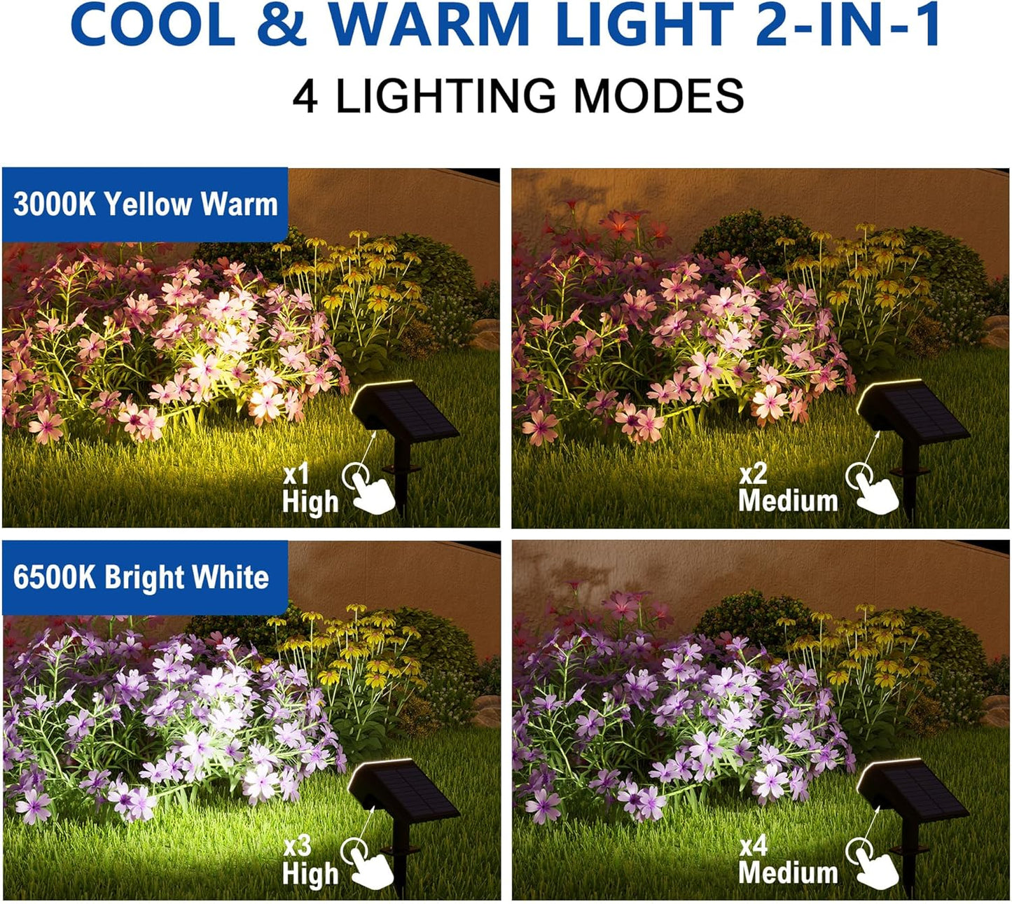 Solar Lights Outdoor Waterproof IP65, Super Bright LED, 2CCT 4 Lighting Modes 3000K/6500K Selectable, Solar Powered Yard Garden Solar Spot Lights for Outside Landscape Auto On/Off -8 Pack