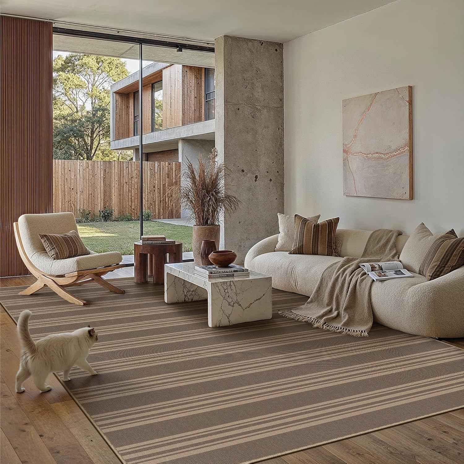 PureCozy Striped Easy Jute 6x9 Area Rugs Nature Washable Outdoor Patio Rug for Living Room Indoor Outdoor Carpet Non Slip Office Farmhouse Neutral for Backyard Balcony Porch Bedroom Dining Room
