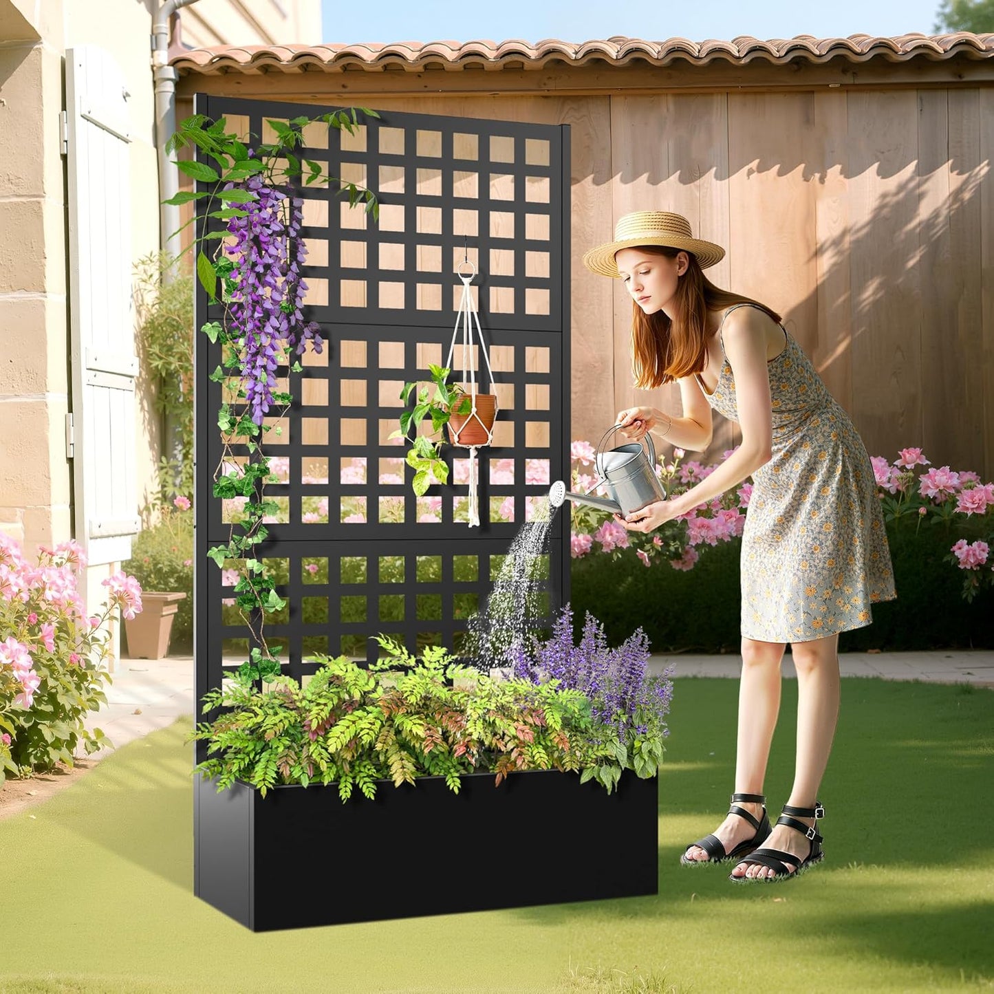 Metal Planter Box with Trellis, Heavy-Duty Raised Garden Bed for Climbing Plants, Drainage Hole, Outdoor Planter Box with Privacy Screen，35''L×16''W×71''H
