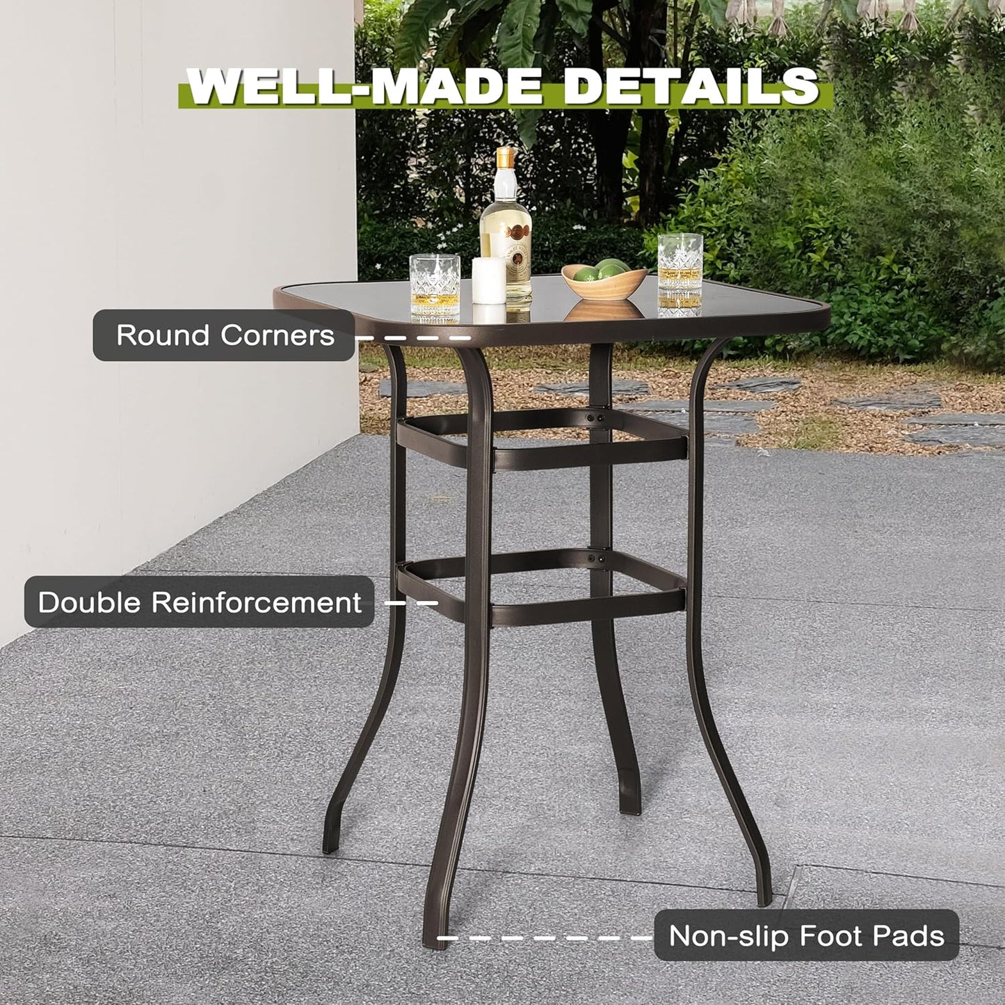 NUU GARDEN 5 PCS Patio Bar Set, Outdoor Tempered Glass Square Bar Table and Textilene Swivel Bar Stools with High Backrest, Bar Height Outdoor Table and Chairs for Patio, Garden, Backyard and Balcony