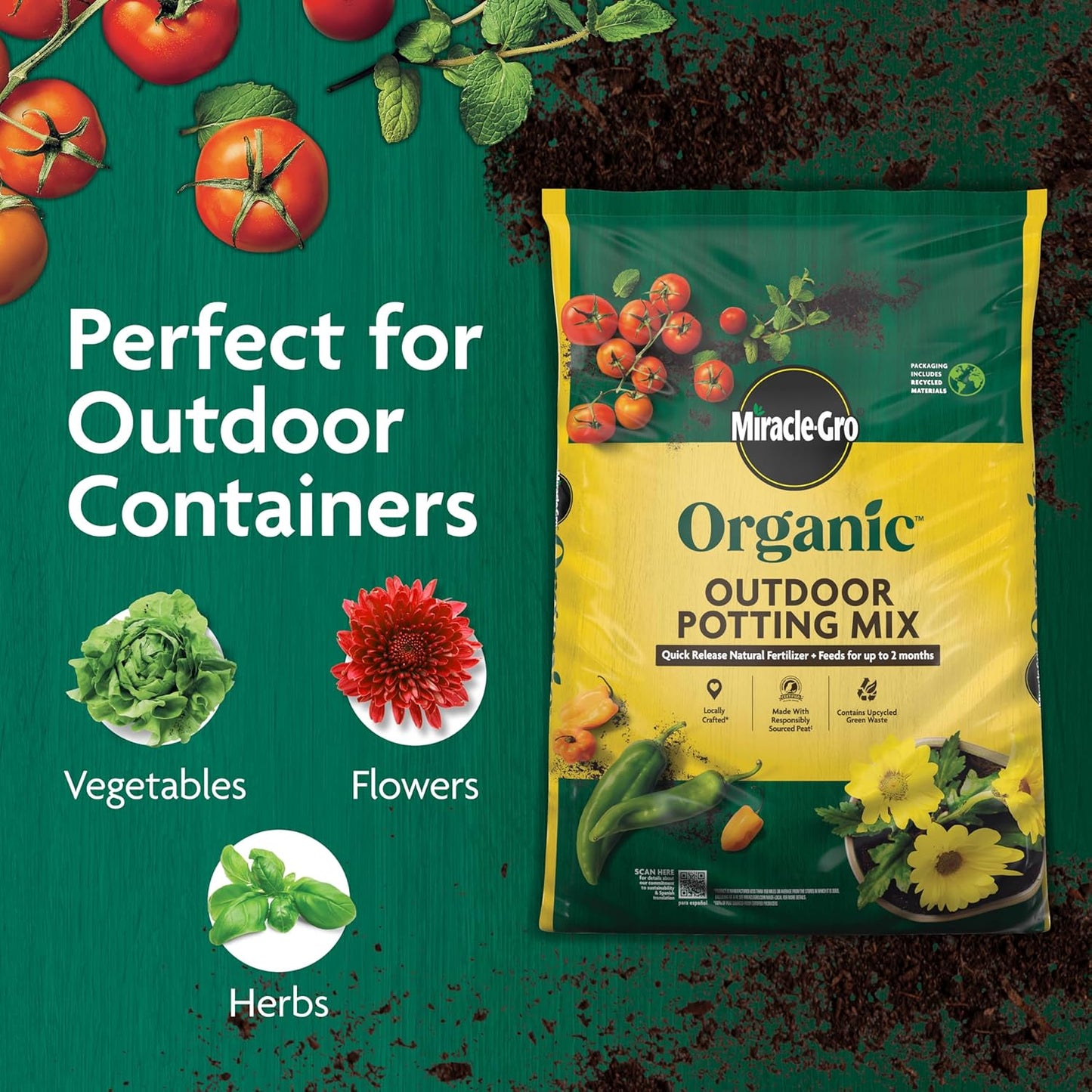 Miracle-Gro Organic Outdoor Potting Mix - Plant Soil for Outdoor Container Plants, Contains Quick-Release Natural Fertilizer, OMRI Listed, 16 qt. (2-Pack)